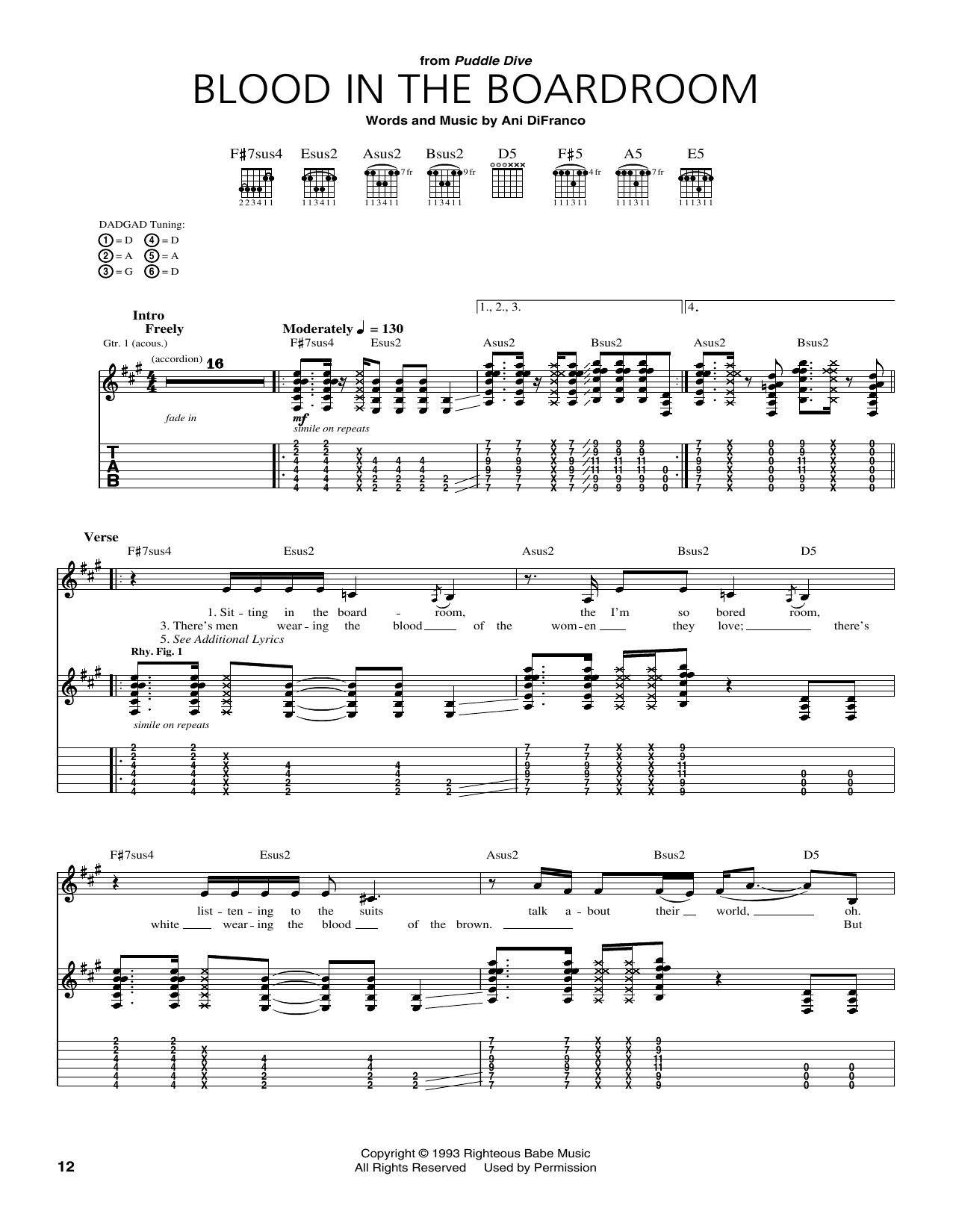 Download Ani DiFranco Blood In The Boardroom Sheet Music and learn how to play Guitar Tab PDF digital score in minutes