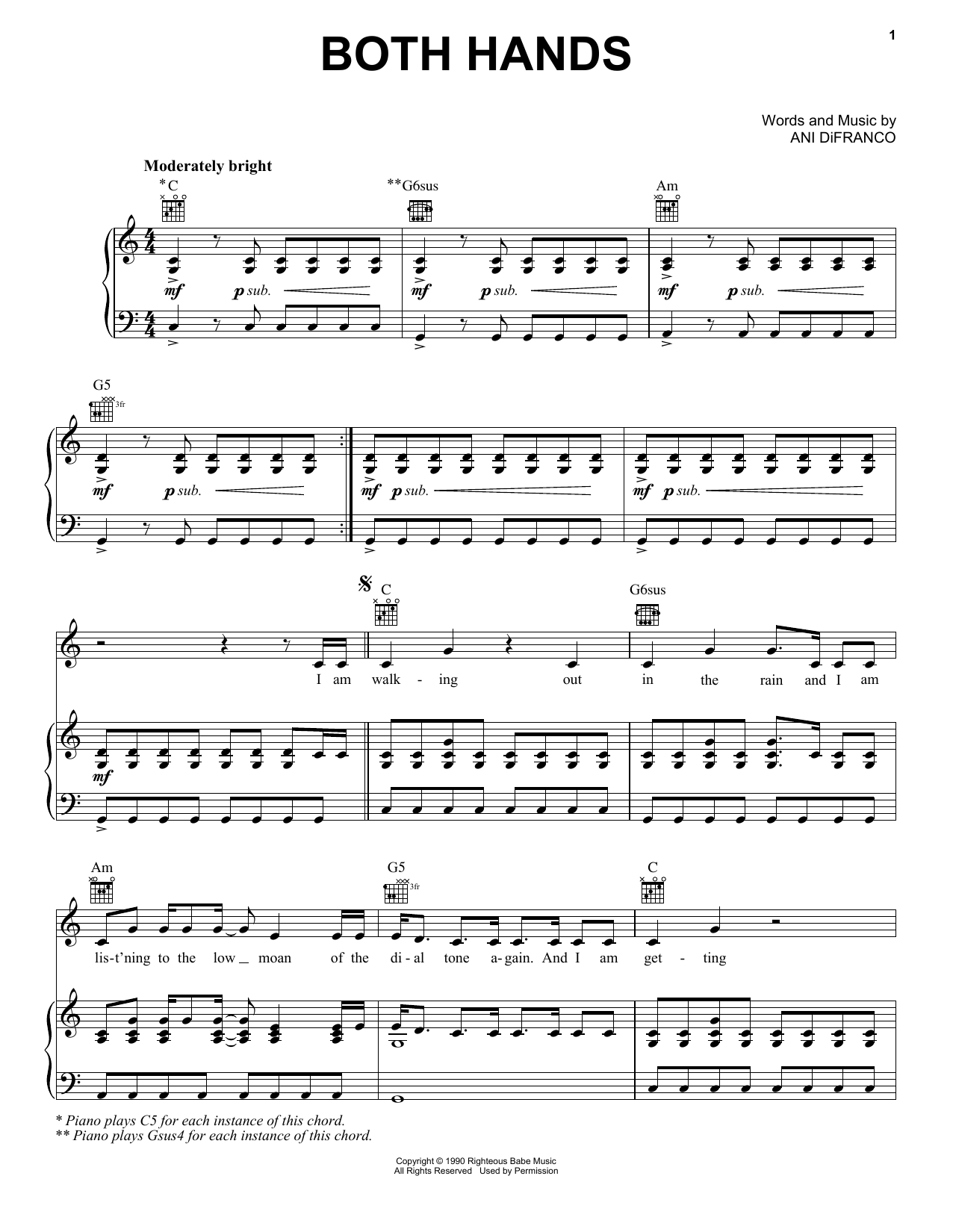 Download Ani DiFranco Both Hands Sheet Music and learn how to play Piano, Vocal & Guitar (Right-Hand Melody) PDF digital score in minutes