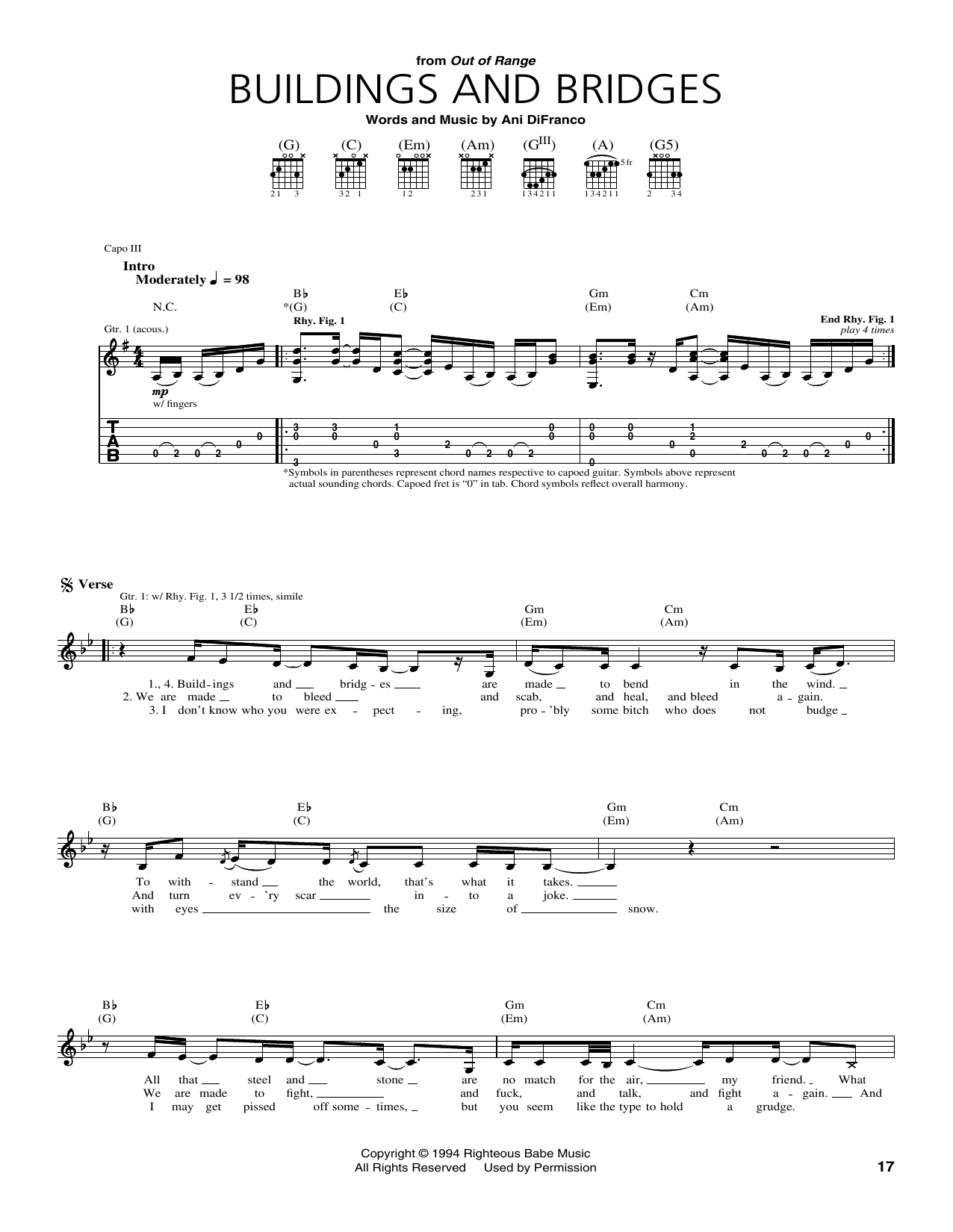 Download Ani DiFranco Buildings and Bridges Sheet Music and learn how to play Guitar Tab PDF digital score in minutes