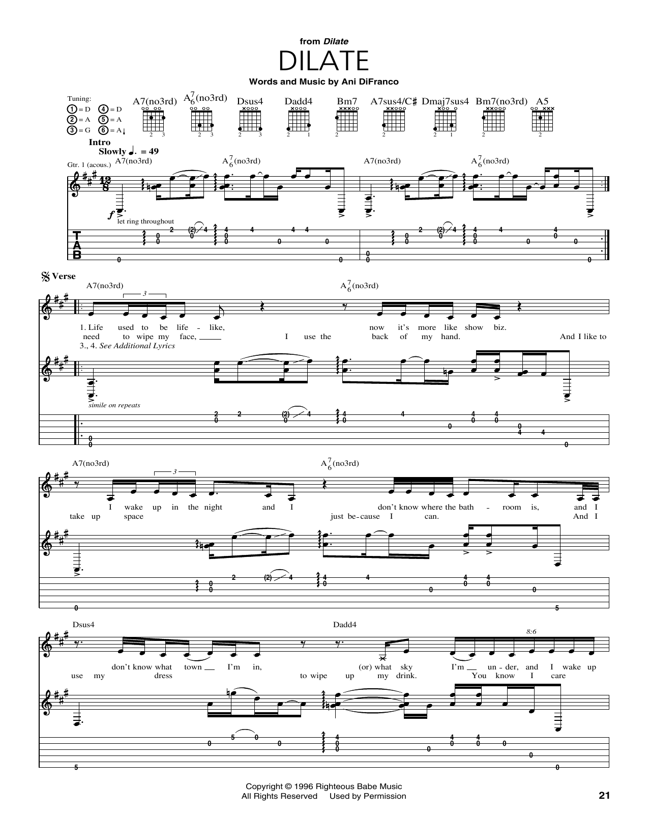 Download Ani DiFranco Dilate Sheet Music and learn how to play Guitar Tab PDF digital score in minutes