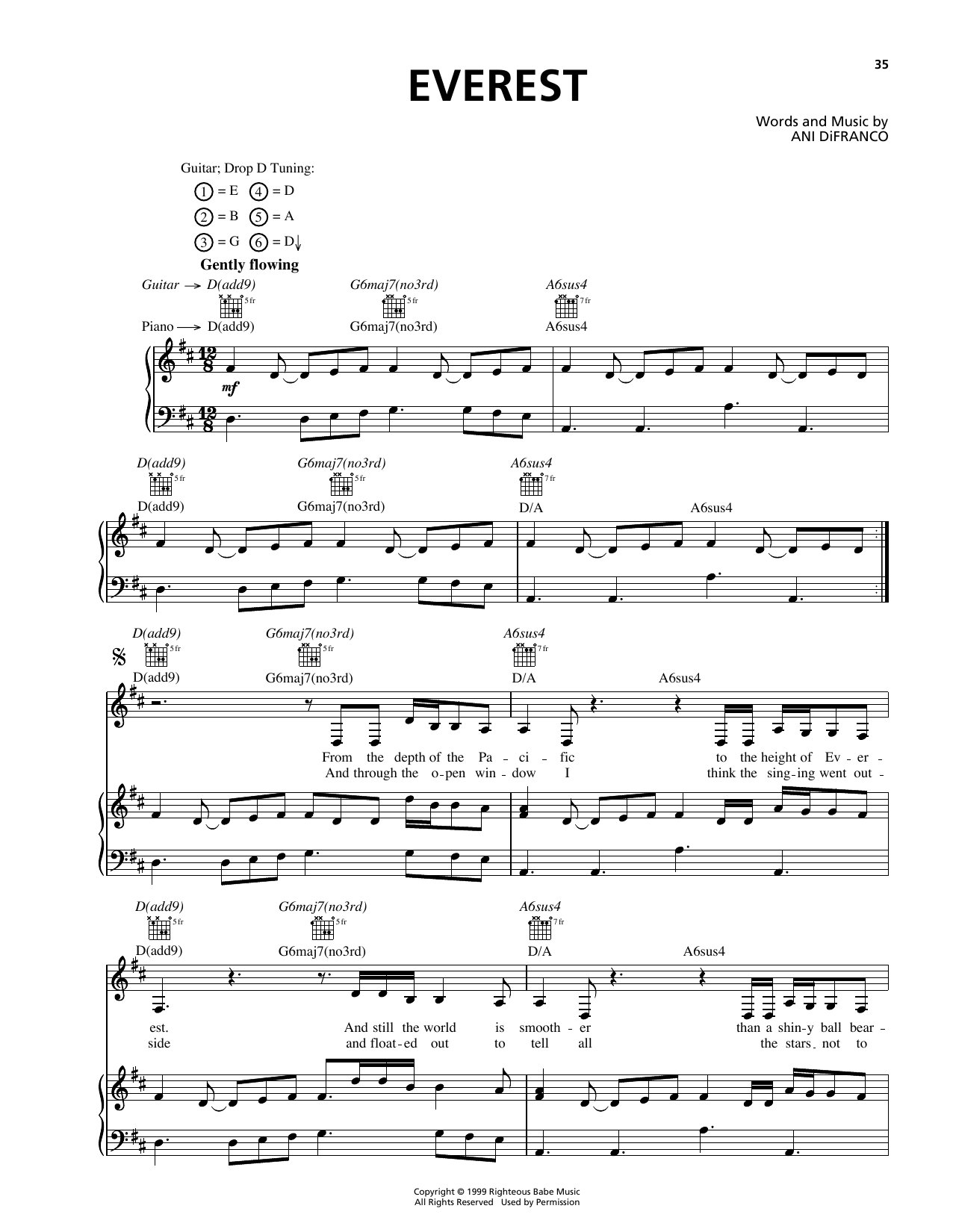 Download Ani DiFranco Everest Sheet Music and learn how to play Piano, Vocal & Guitar (Right-Hand Melody) PDF digital score in minutes