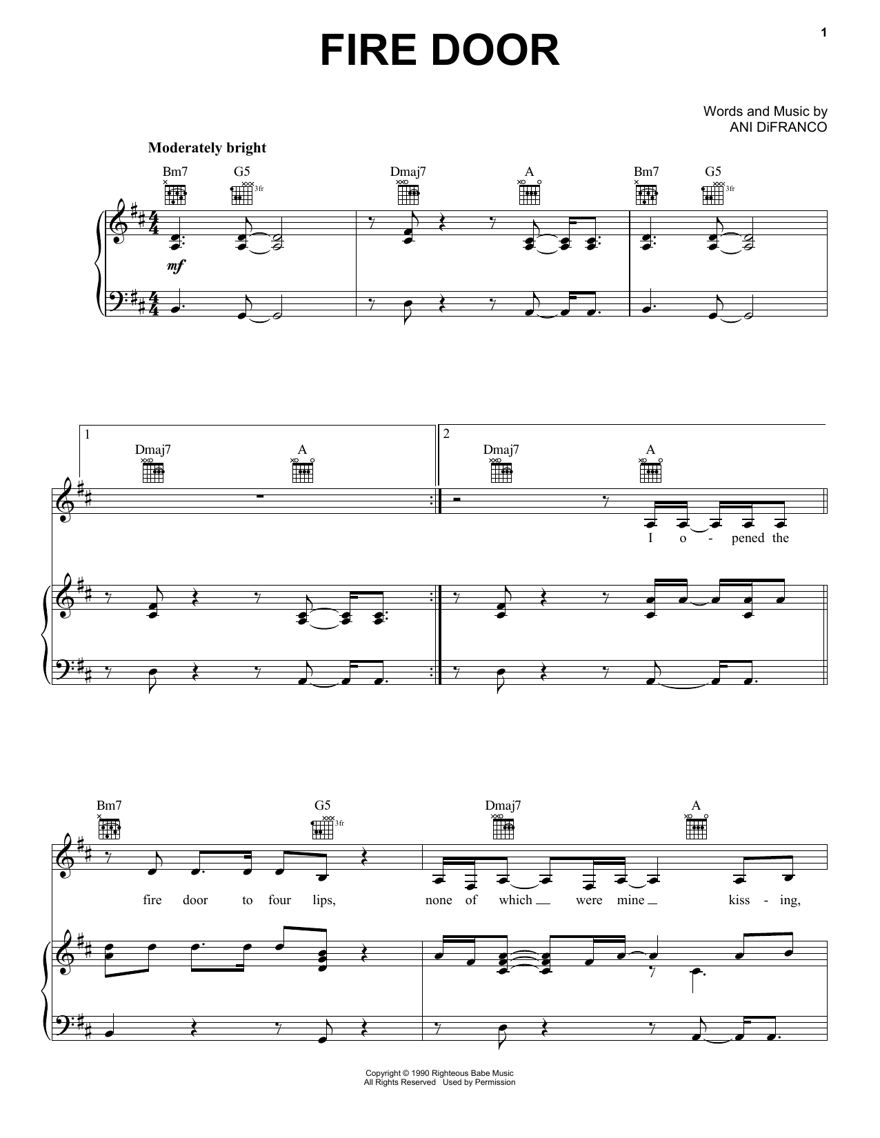 Download Ani DiFranco Fire Door Sheet Music and learn how to play Piano, Vocal & Guitar (Right-Hand Melody) PDF digital score in minutes