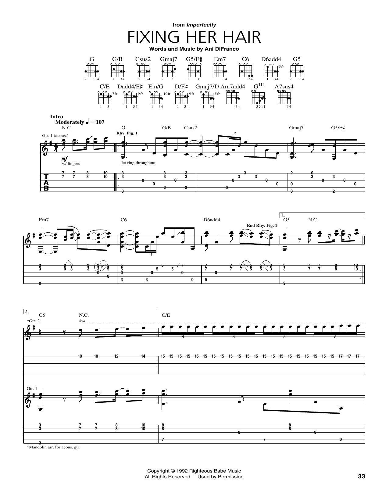 Download Ani DiFranco Fixing Her Hair Sheet Music and learn how to play Guitar Tab PDF digital score in minutes