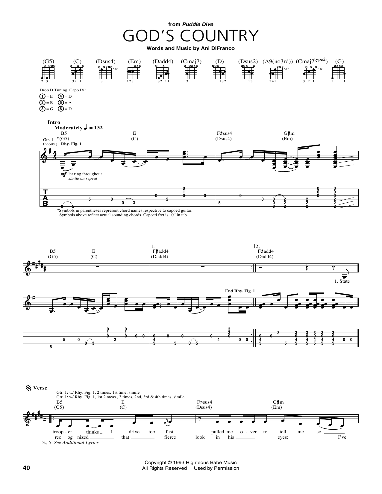 Download Ani DiFranco God's Country Sheet Music and learn how to play Guitar Tab PDF digital score in minutes