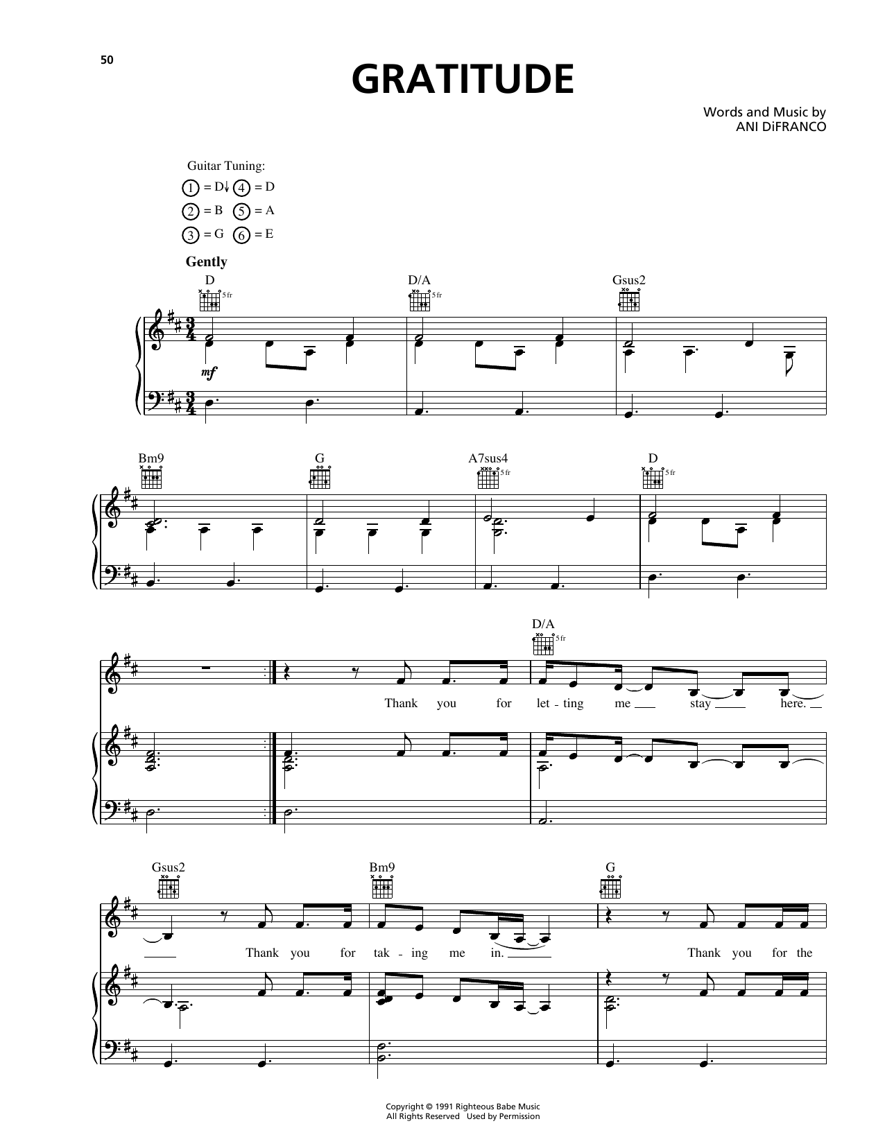 Download Ani DiFranco Gratitude Sheet Music and learn how to play Piano, Vocal & Guitar (Right-Hand Melody) PDF digital score in minutes