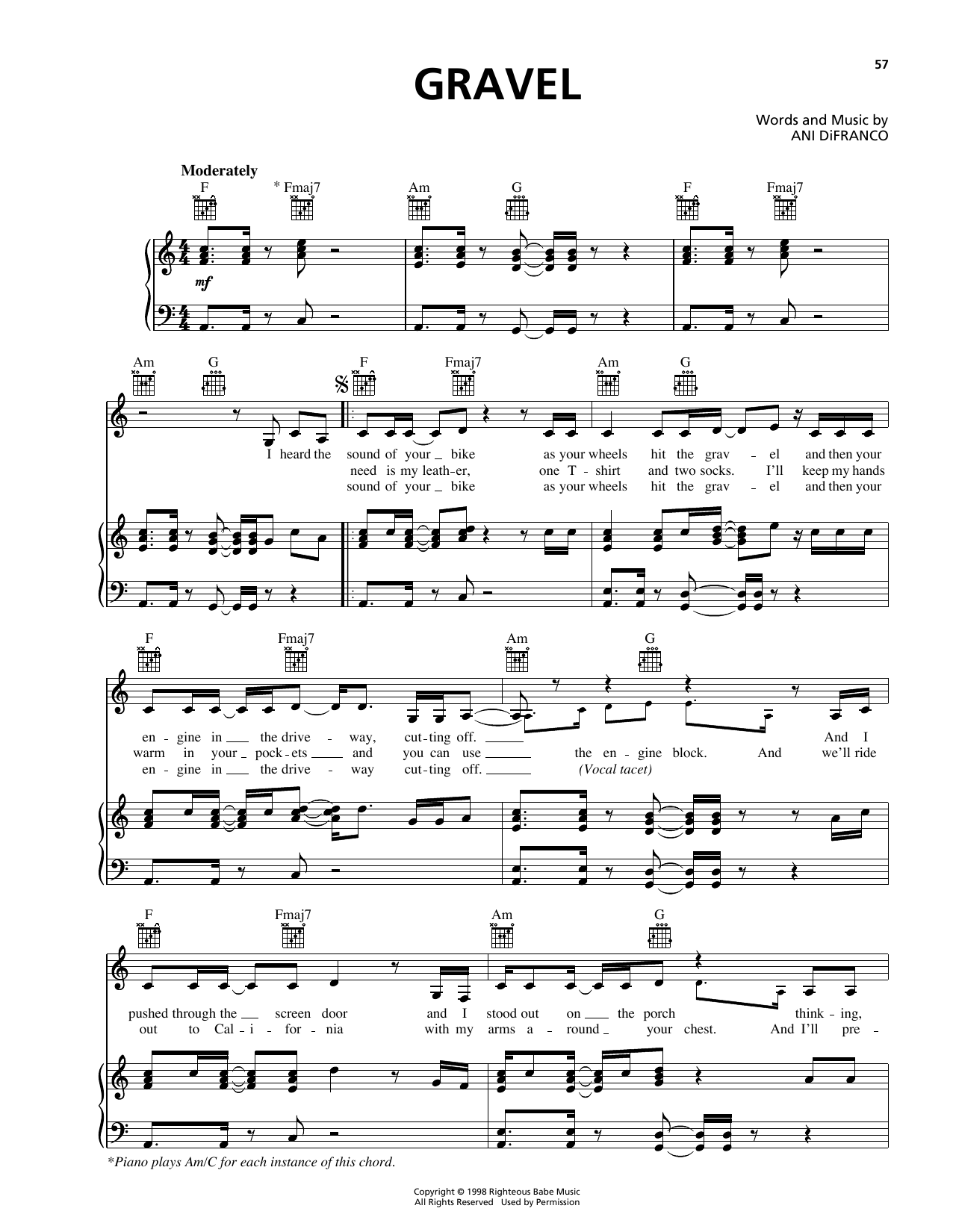 Download Ani DiFranco Gravel Sheet Music and learn how to play Piano, Vocal & Guitar (Right-Hand Melody) PDF digital score in minutes