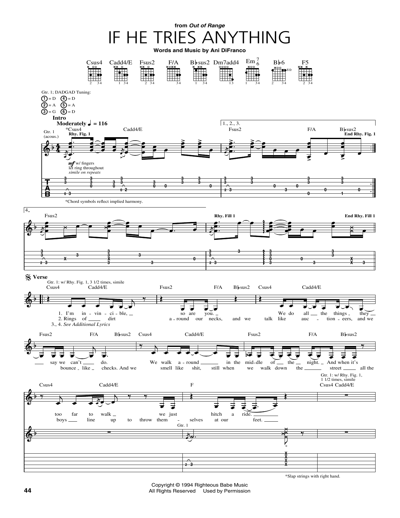 Download Ani DiFranco If He Tries Anything Sheet Music and learn how to play Guitar Tab PDF digital score in minutes
