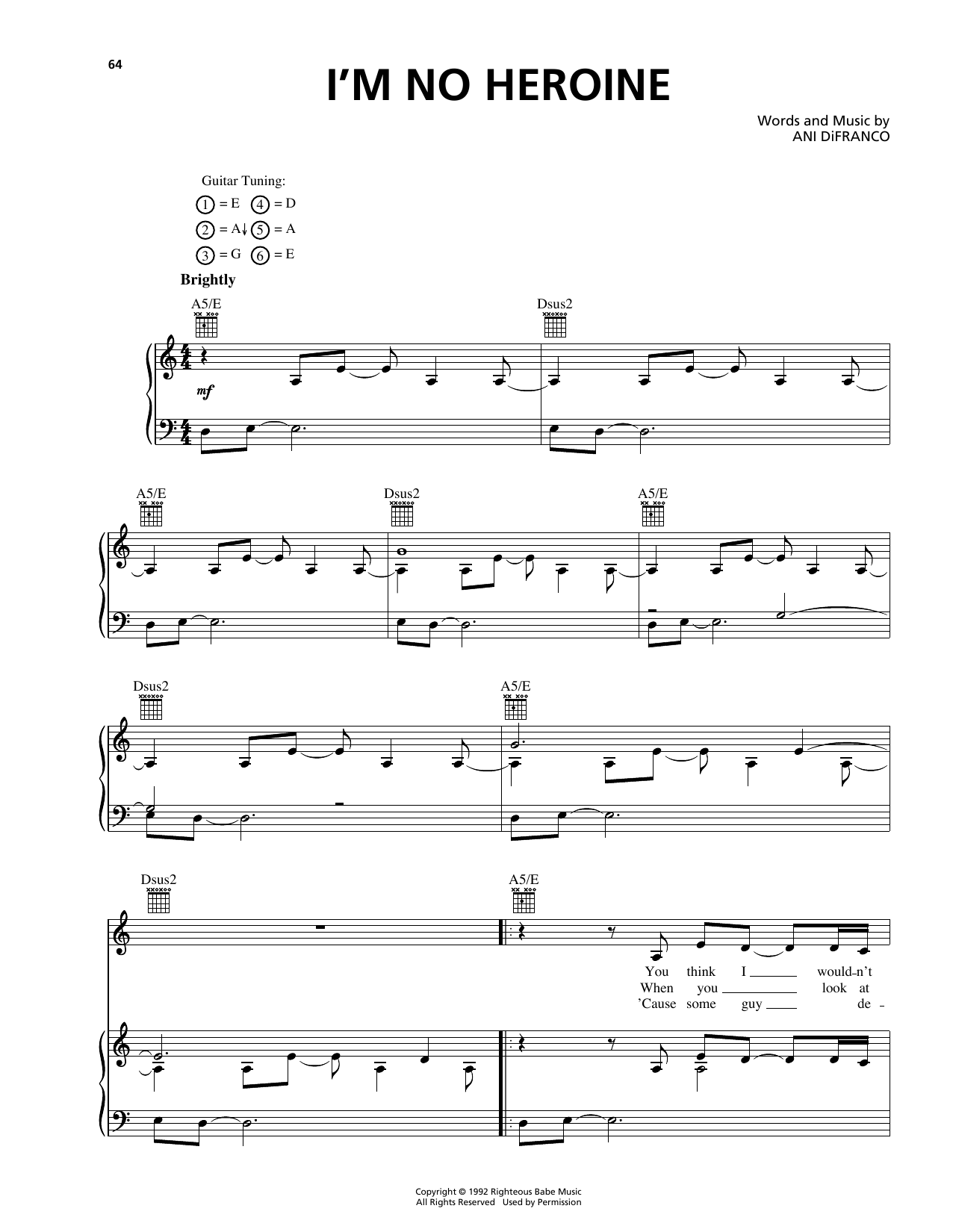 Download Ani DiFranco I'm No Heroine Sheet Music and learn how to play Piano, Vocal & Guitar (Right-Hand Melody) PDF digital score in minutes