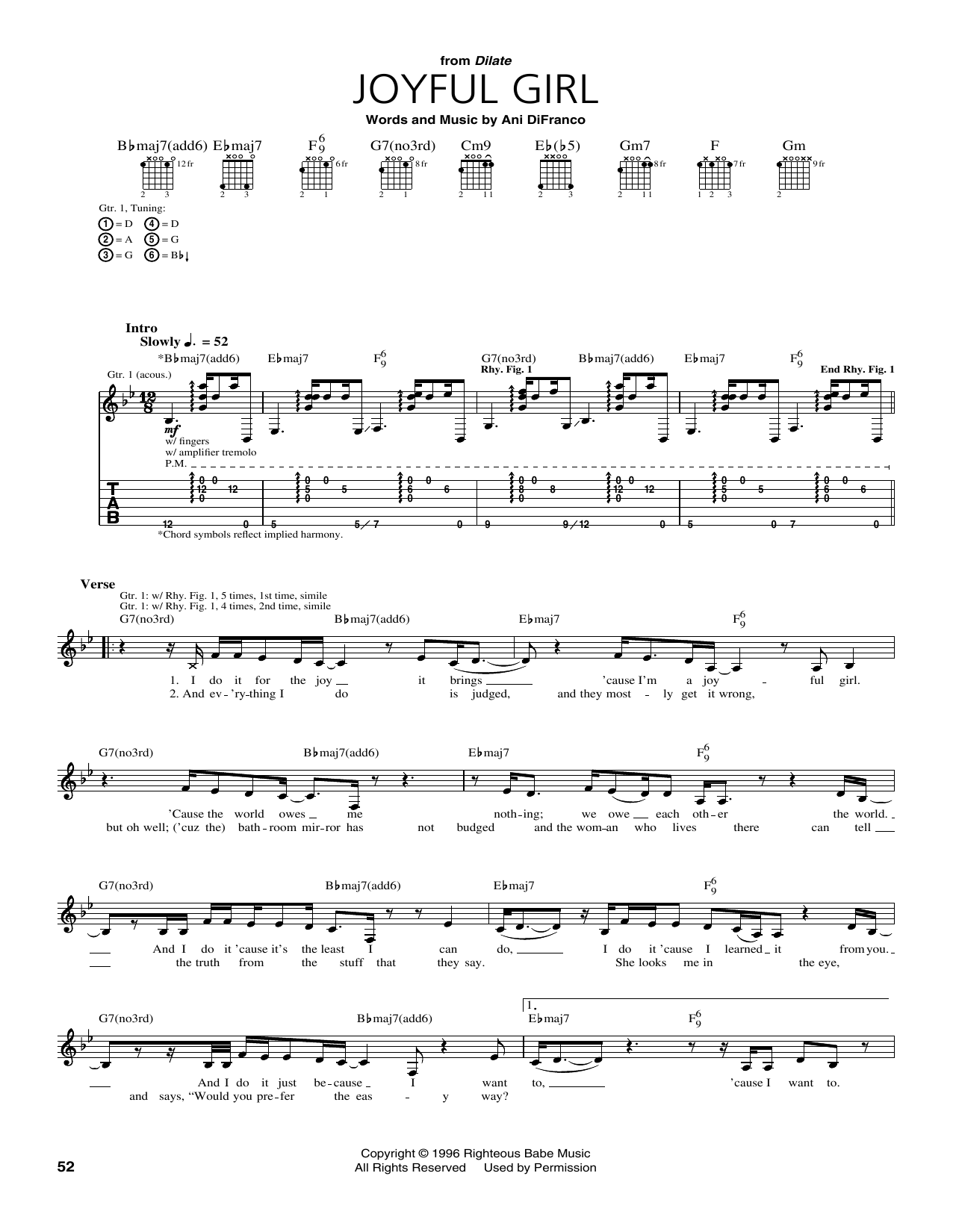 Download Ani DiFranco Joyful Girl Sheet Music and learn how to play Guitar Tab PDF digital score in minutes