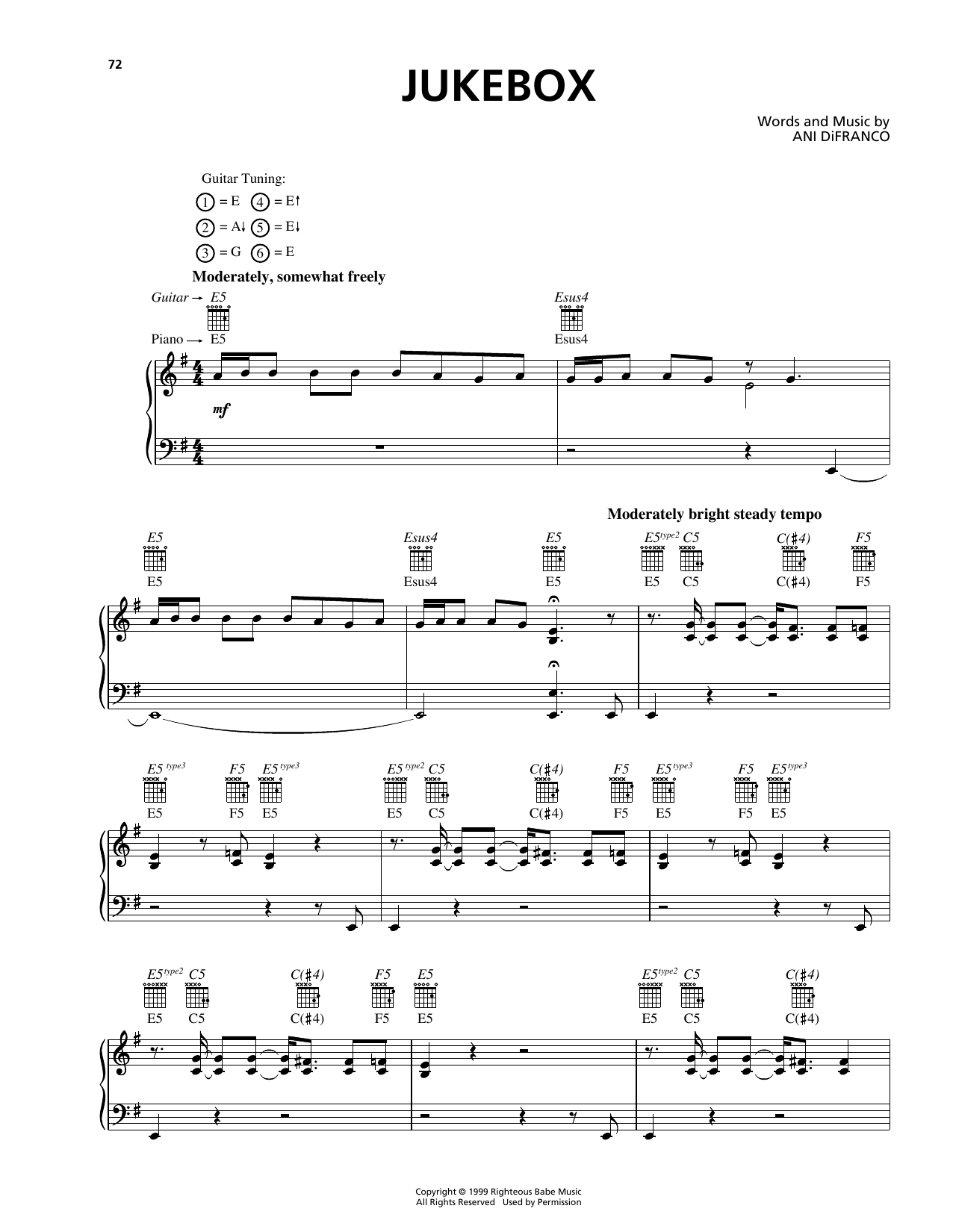 Download Ani DiFranco Jukebox Sheet Music and learn how to play Piano, Vocal & Guitar (Right-Hand Melody) PDF digital score in minutes