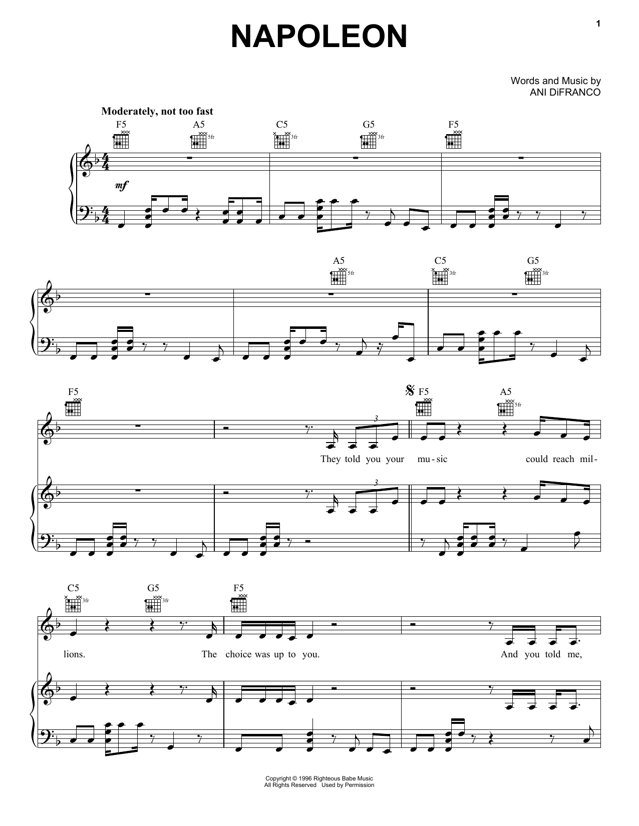 Download Ani DiFranco Napoleon Sheet Music and learn how to play Piano, Vocal & Guitar (Right-Hand Melody) PDF digital score in minutes