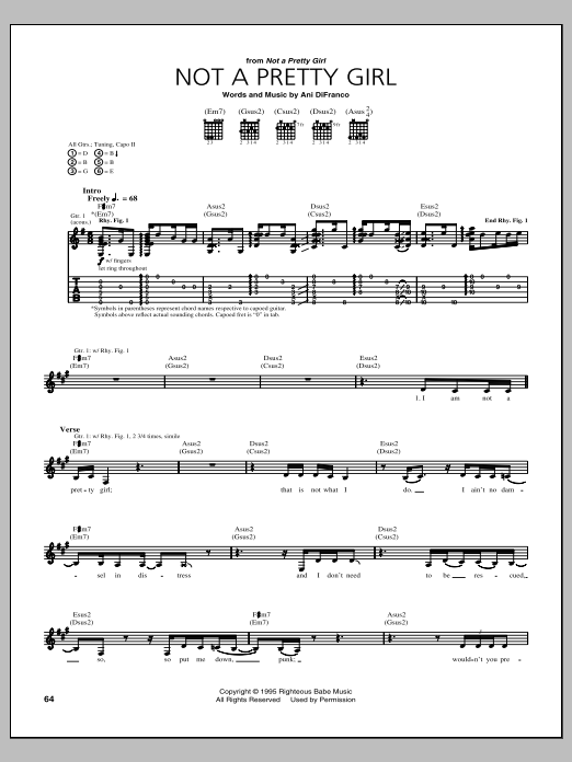 Download Ani DiFranco Not A Pretty Girl Sheet Music and learn how to play Lyrics & Chords PDF digital score in minutes