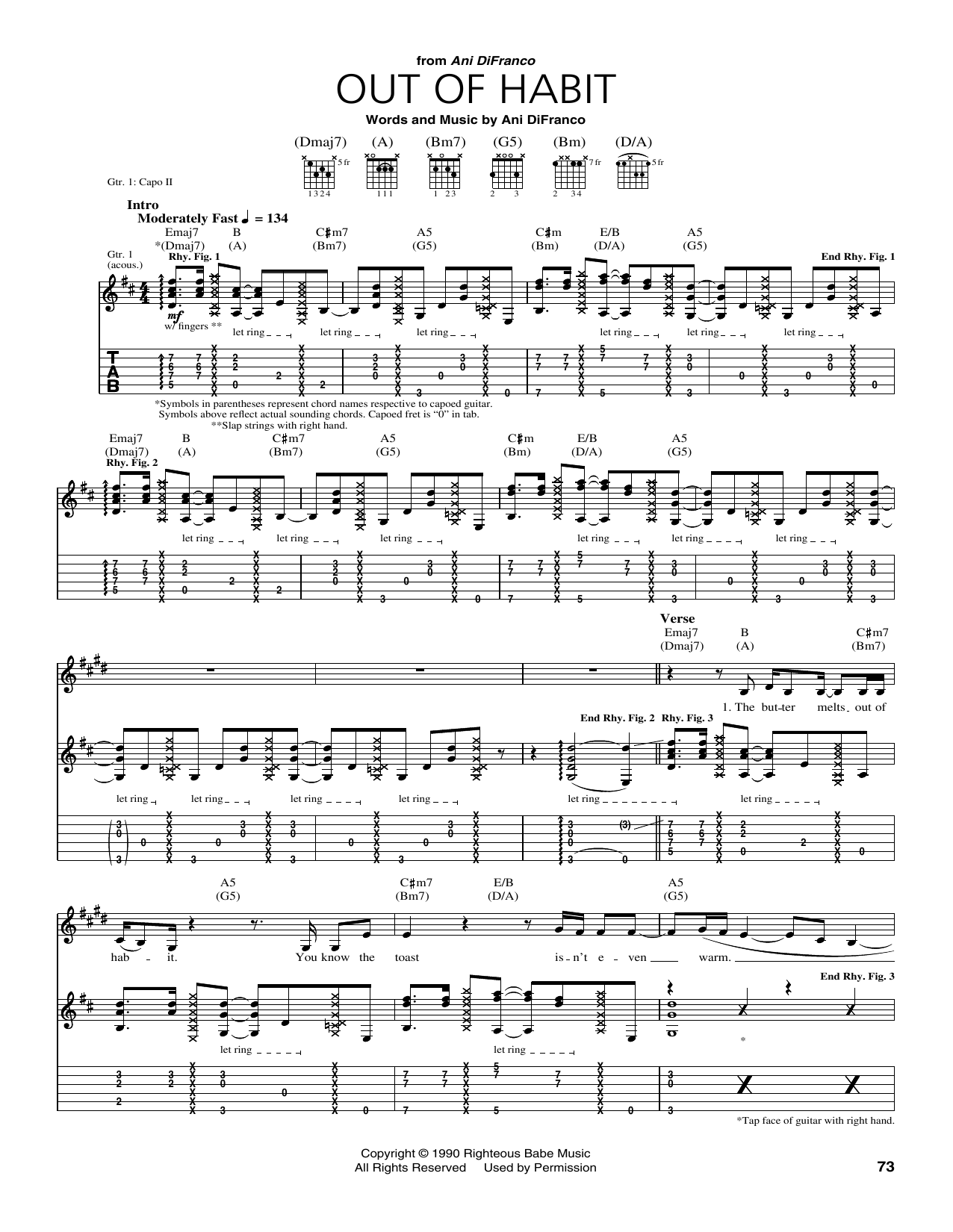 Download Ani DiFranco Out Of Habit Sheet Music and learn how to play Guitar Tab PDF digital score in minutes