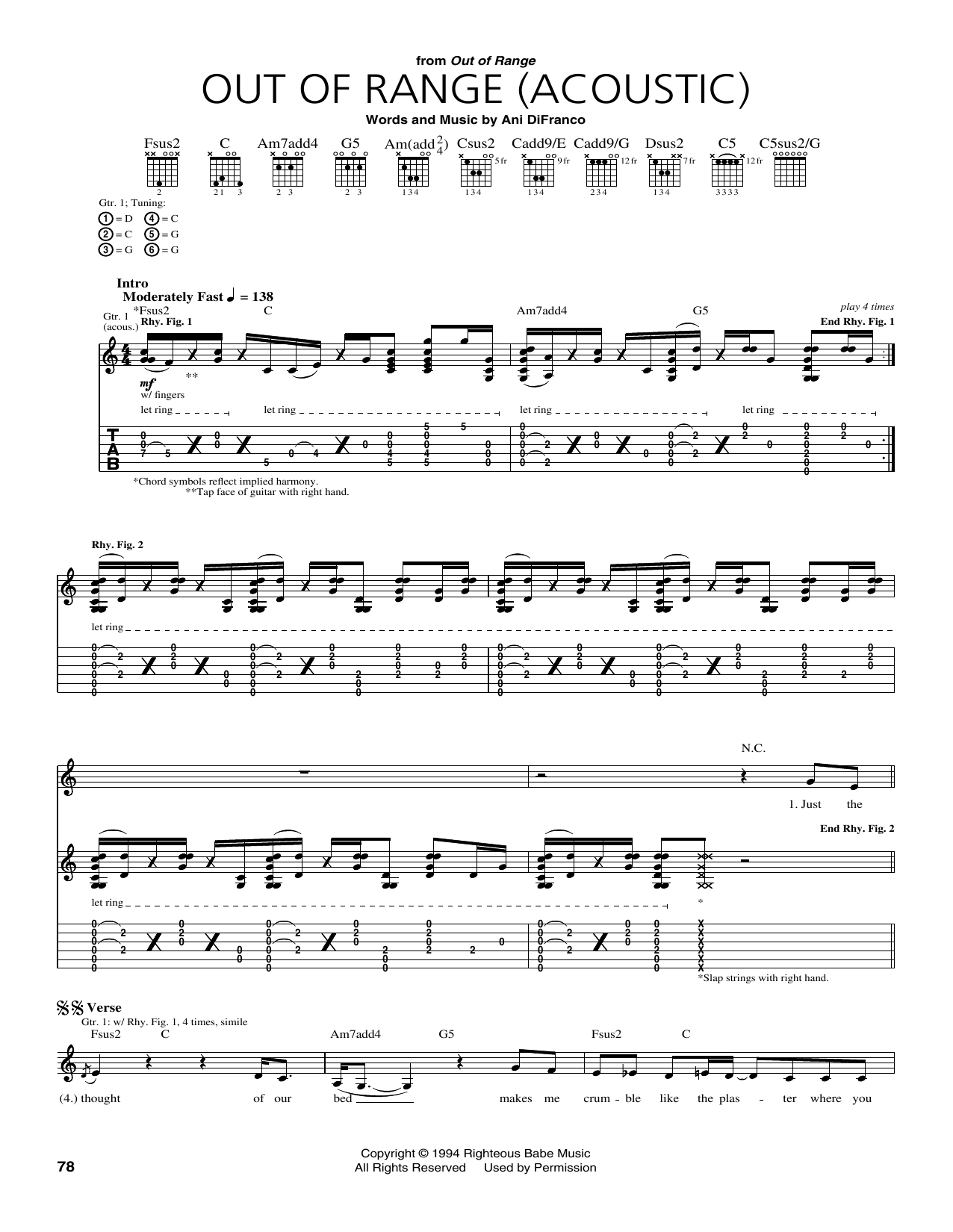 Download Ani DiFranco Out Of Range Sheet Music and learn how to play Guitar Tab PDF digital score in minutes