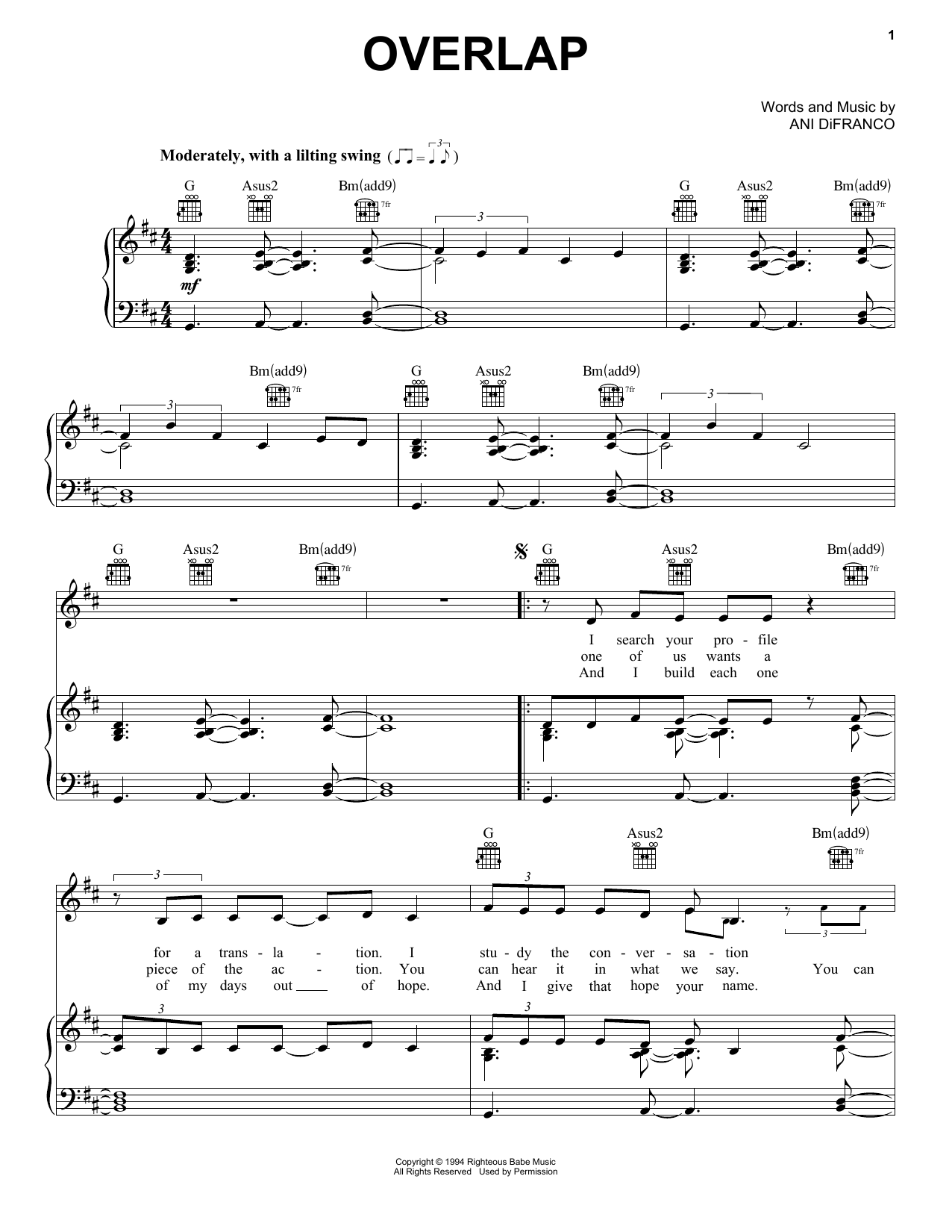 Download Ani DiFranco Overlap Sheet Music and learn how to play Piano, Vocal & Guitar (Right-Hand Melody) PDF digital score in minutes