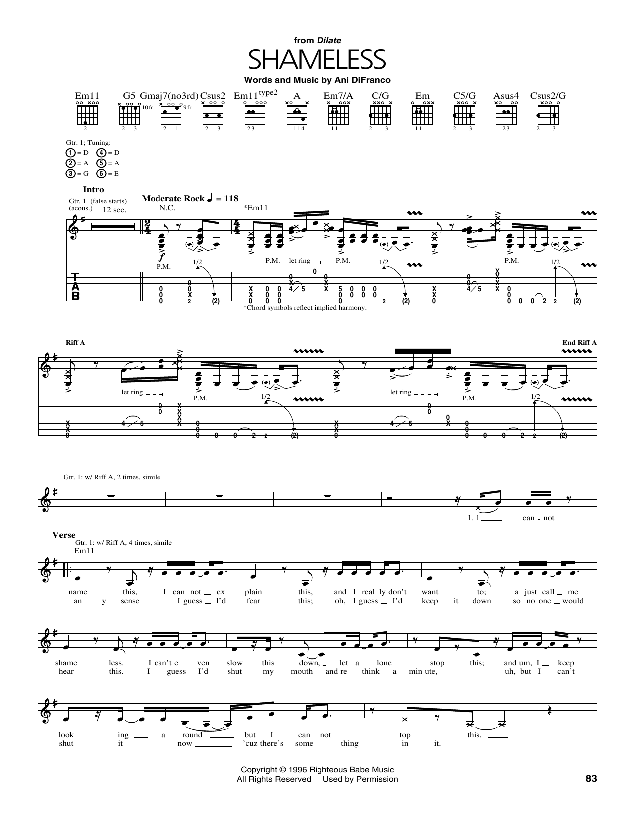 Download Ani DiFranco Shameless Sheet Music and learn how to play Guitar Tab PDF digital score in minutes
