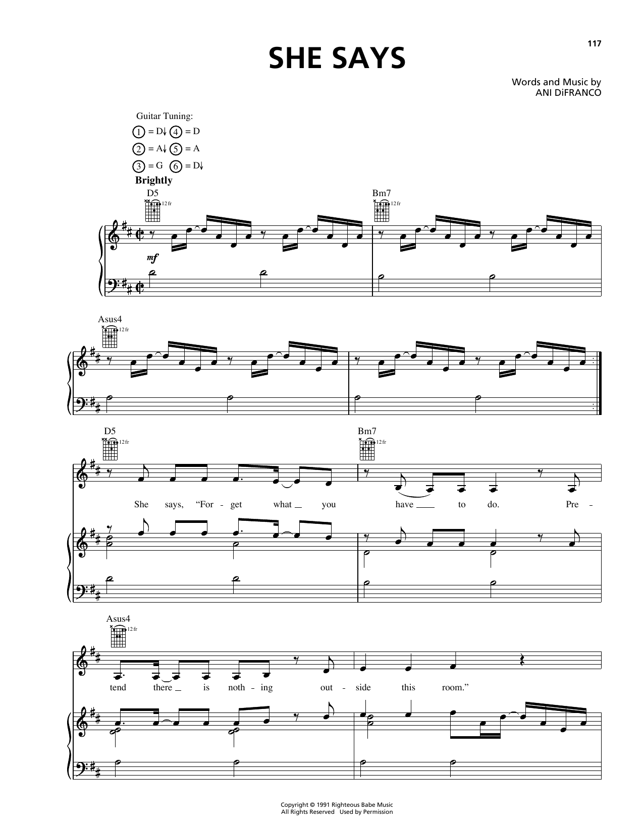 Download Ani DiFranco She Says Sheet Music and learn how to play Piano, Vocal & Guitar (Right-Hand Melody) PDF digital score in minutes