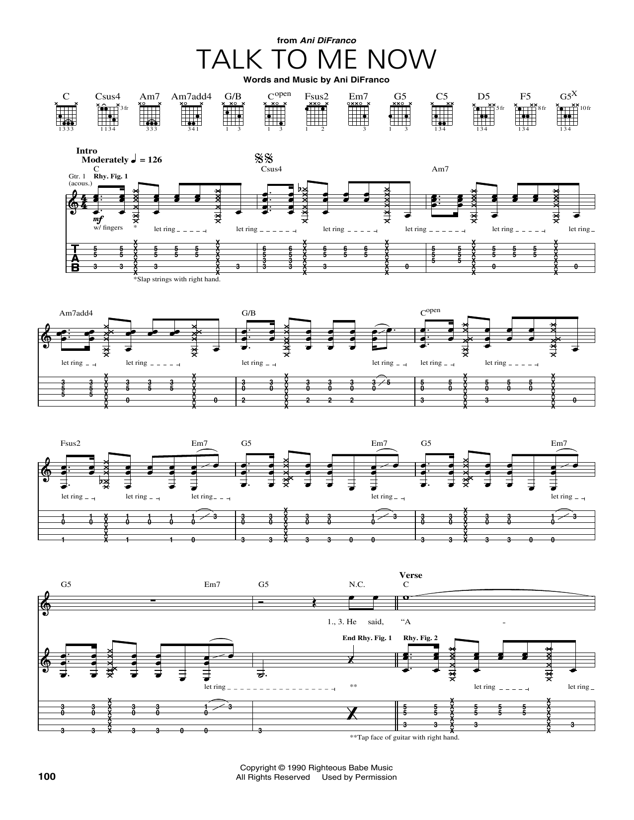 Download Ani DiFranco Talk To Me Now Sheet Music and learn how to play Guitar Tab PDF digital score in minutes