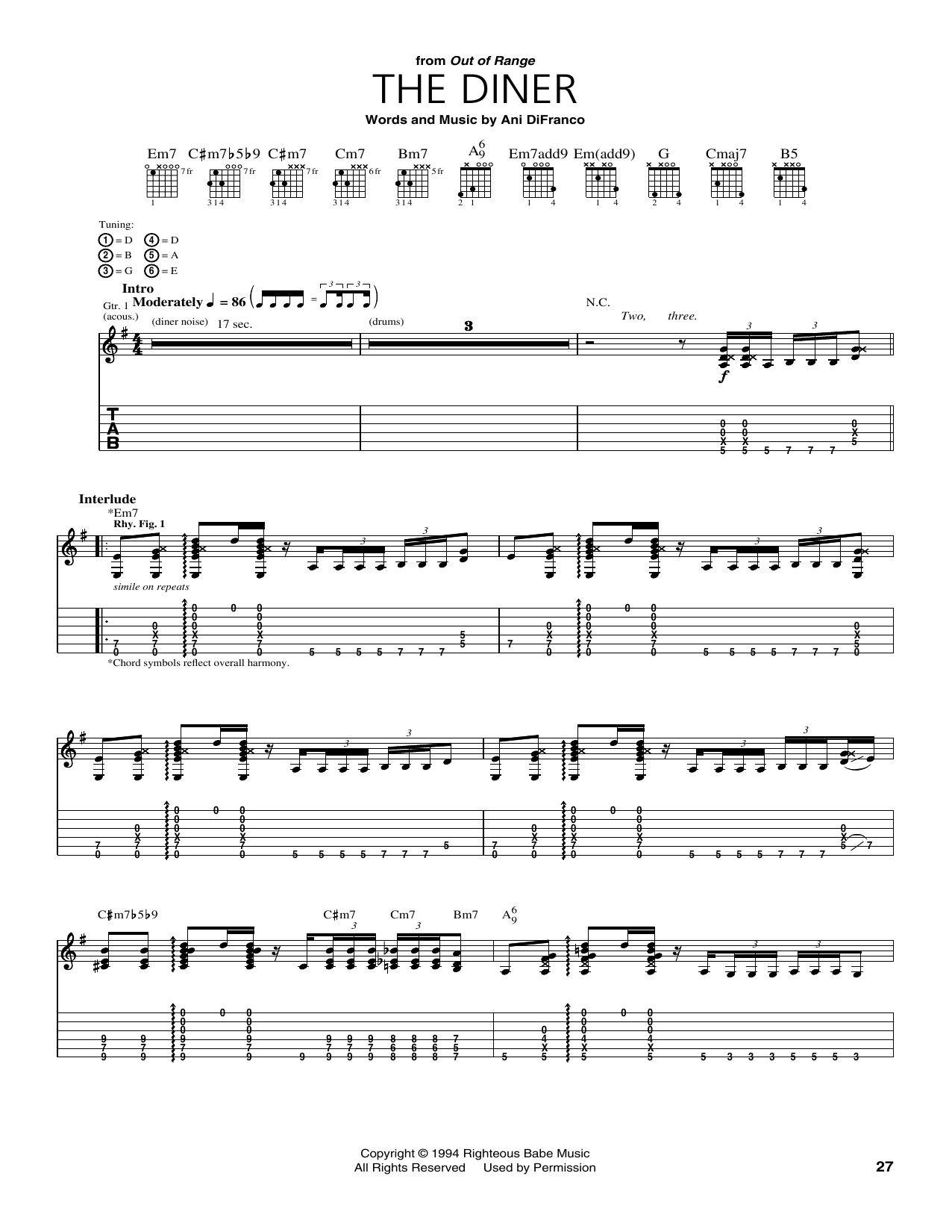 Download Ani DiFranco The Diner Sheet Music and learn how to play Guitar Tab PDF digital score in minutes