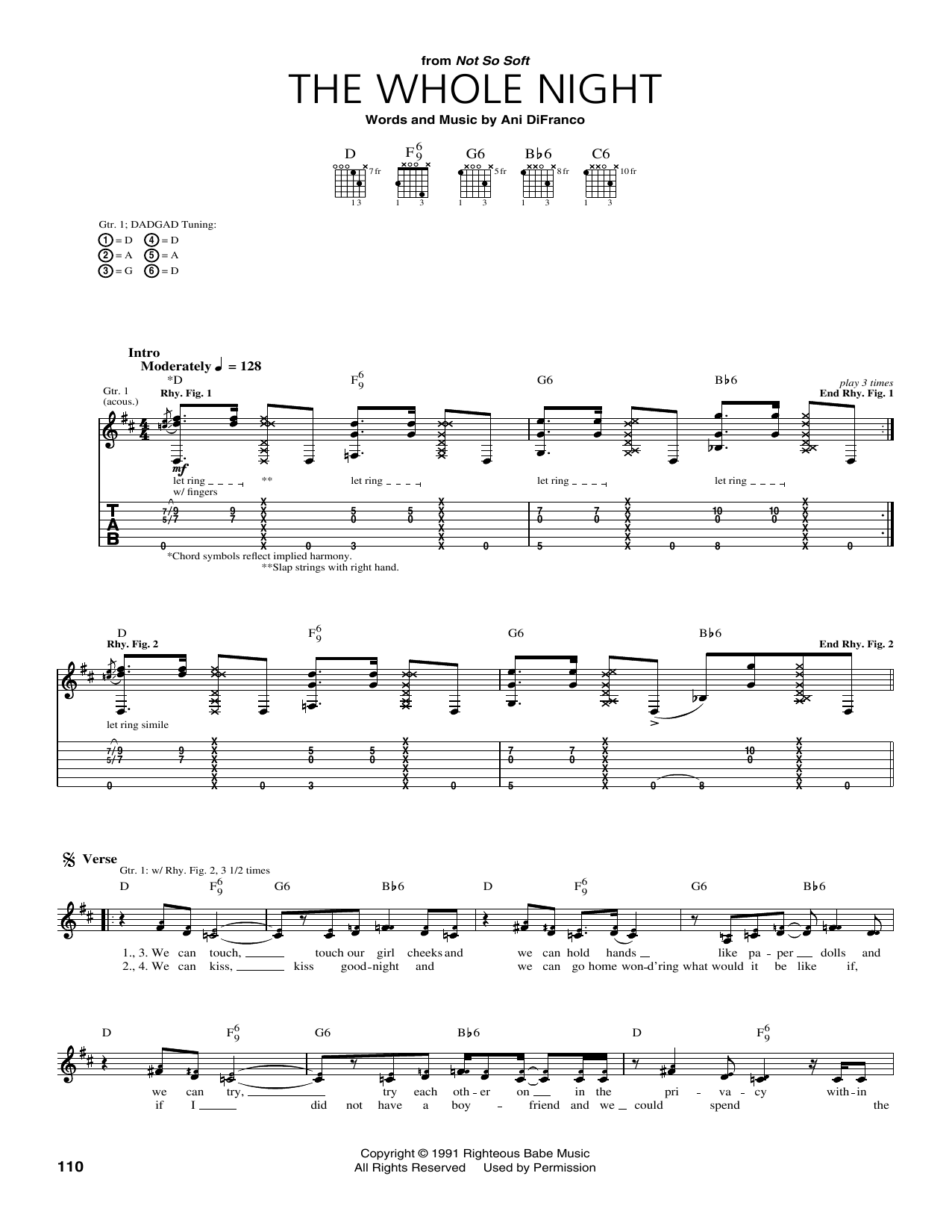 Download Ani DiFranco The Whole Night Sheet Music and learn how to play Guitar Tab PDF digital score in minutes