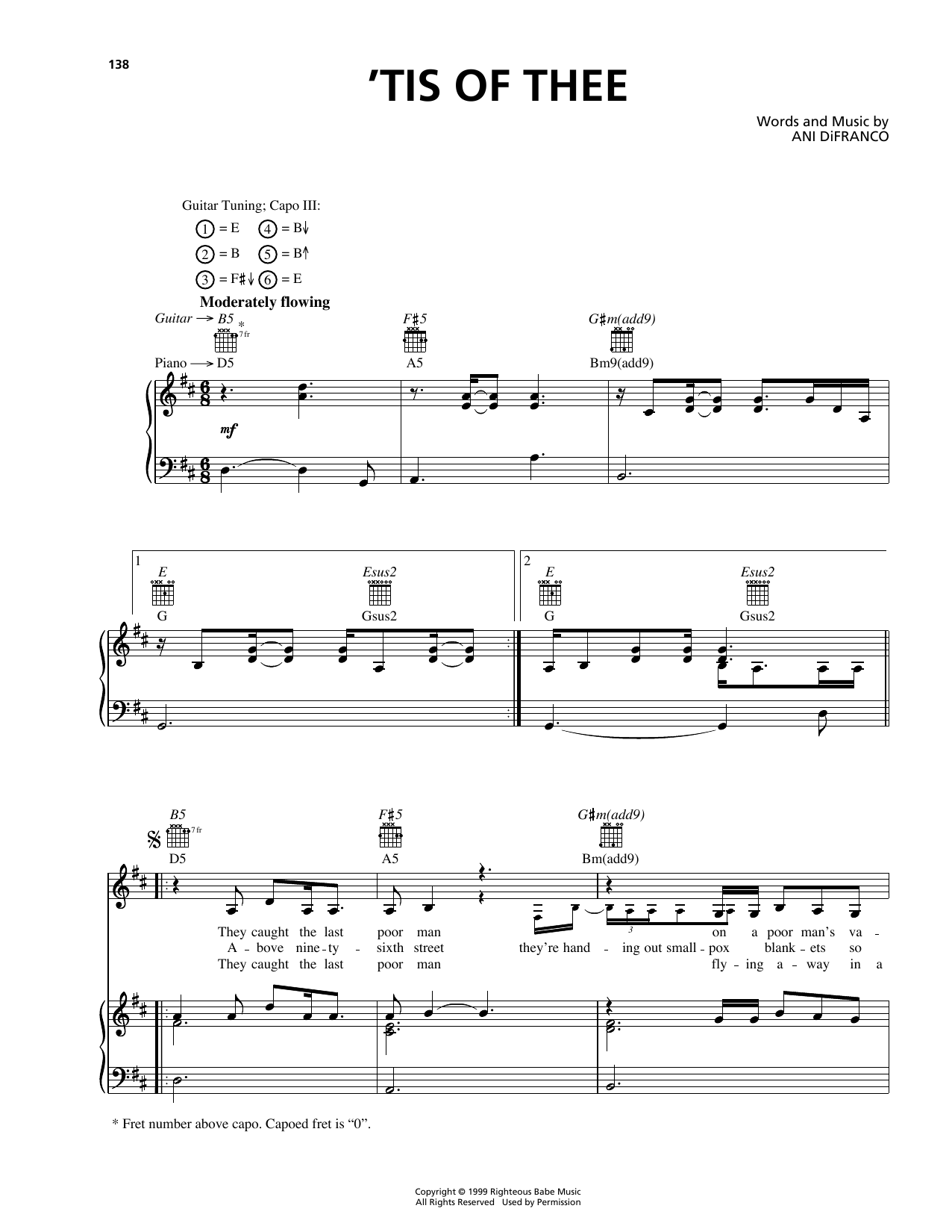 Download Ani DiFranco 'Tis Of Thee Sheet Music and learn how to play Piano, Vocal & Guitar (Right-Hand Melody) PDF digital score in minutes