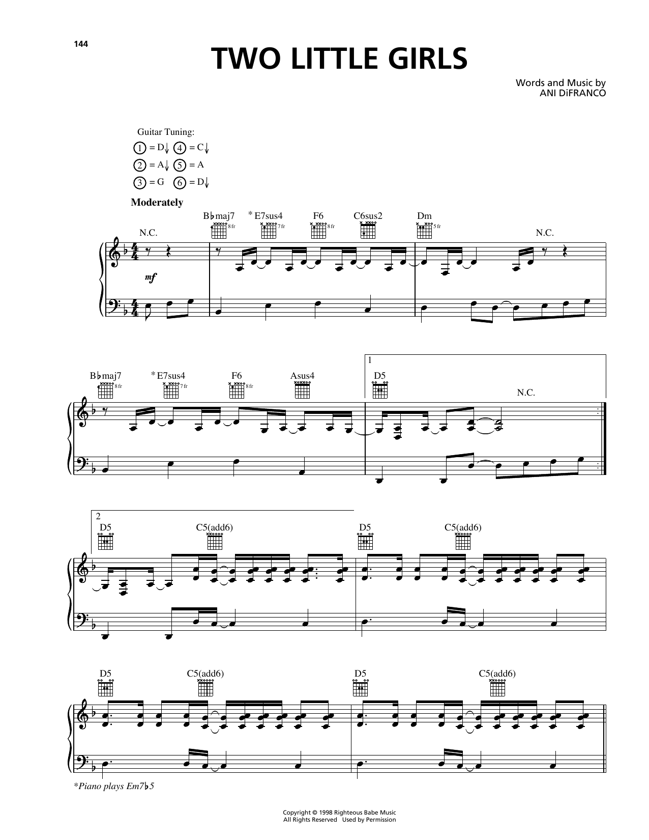 Download Ani DiFranco Two Little Girls Sheet Music and learn how to play Piano, Vocal & Guitar (Right-Hand Melody) PDF digital score in minutes
