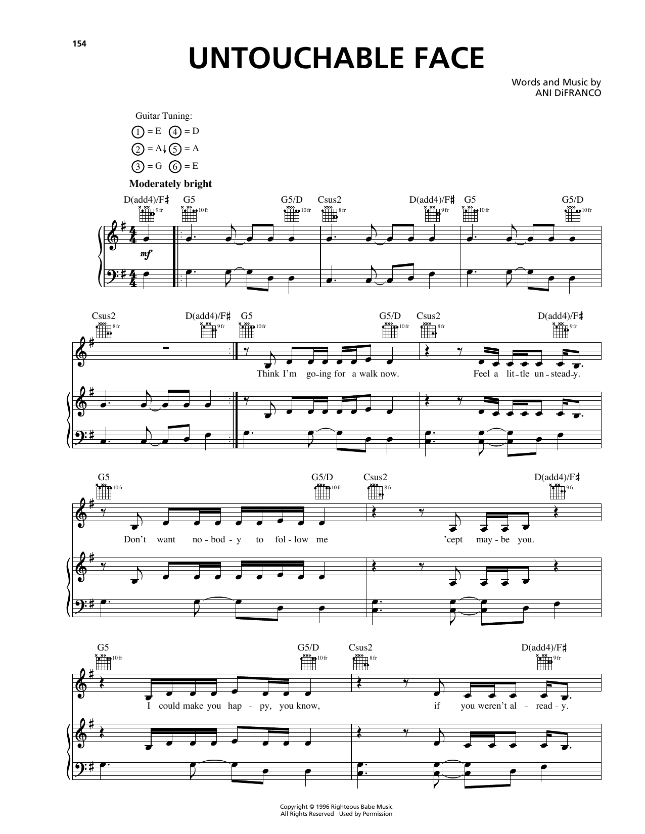 Download Ani DiFranco Untouchable Face Sheet Music and learn how to play Piano, Vocal & Guitar (Right-Hand Melody) PDF digital score in minutes