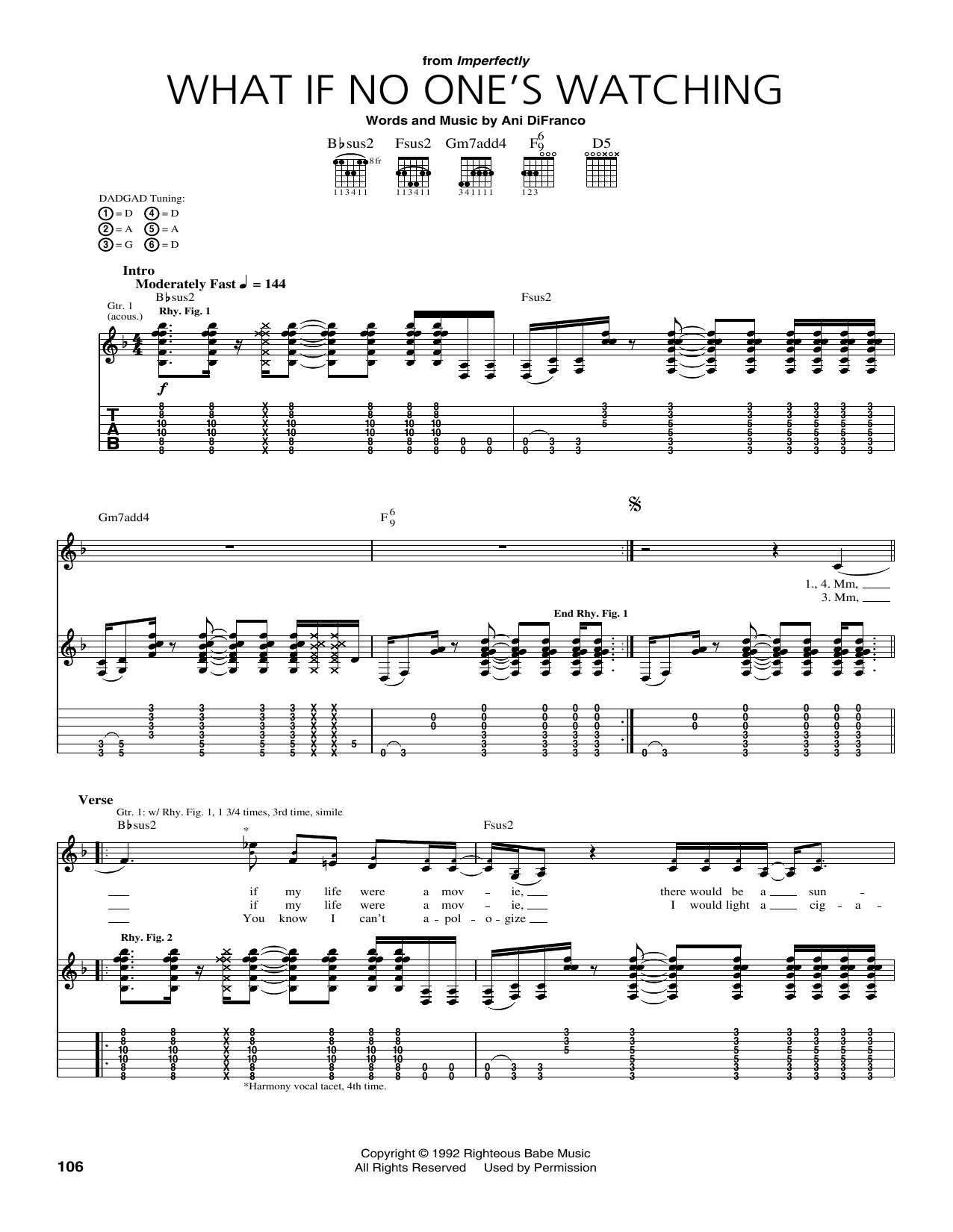 Download Ani DiFranco What If No One's Watching Sheet Music and learn how to play Guitar Tab PDF digital score in minutes