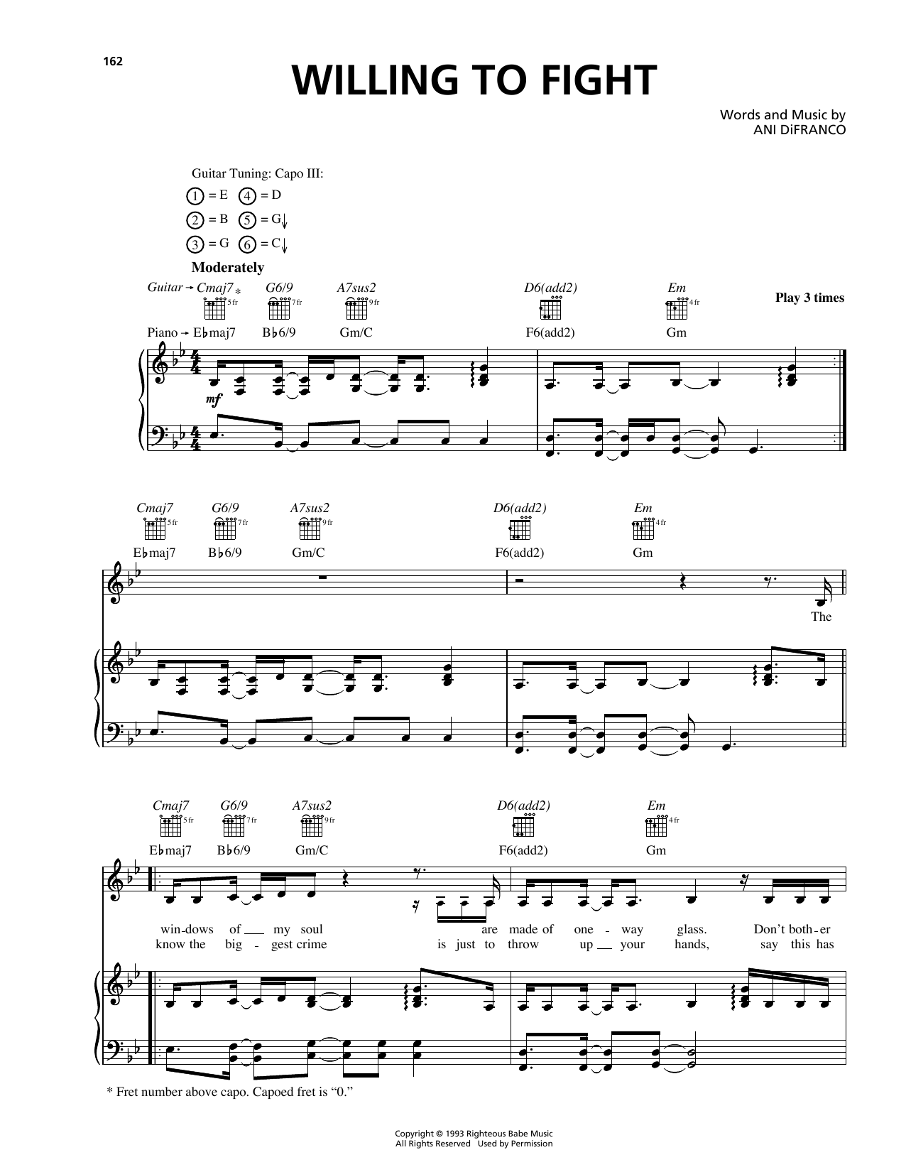 Download Ani DiFranco Willing To Fight Sheet Music and learn how to play Piano, Vocal & Guitar (Right-Hand Melody) PDF digital score in minutes