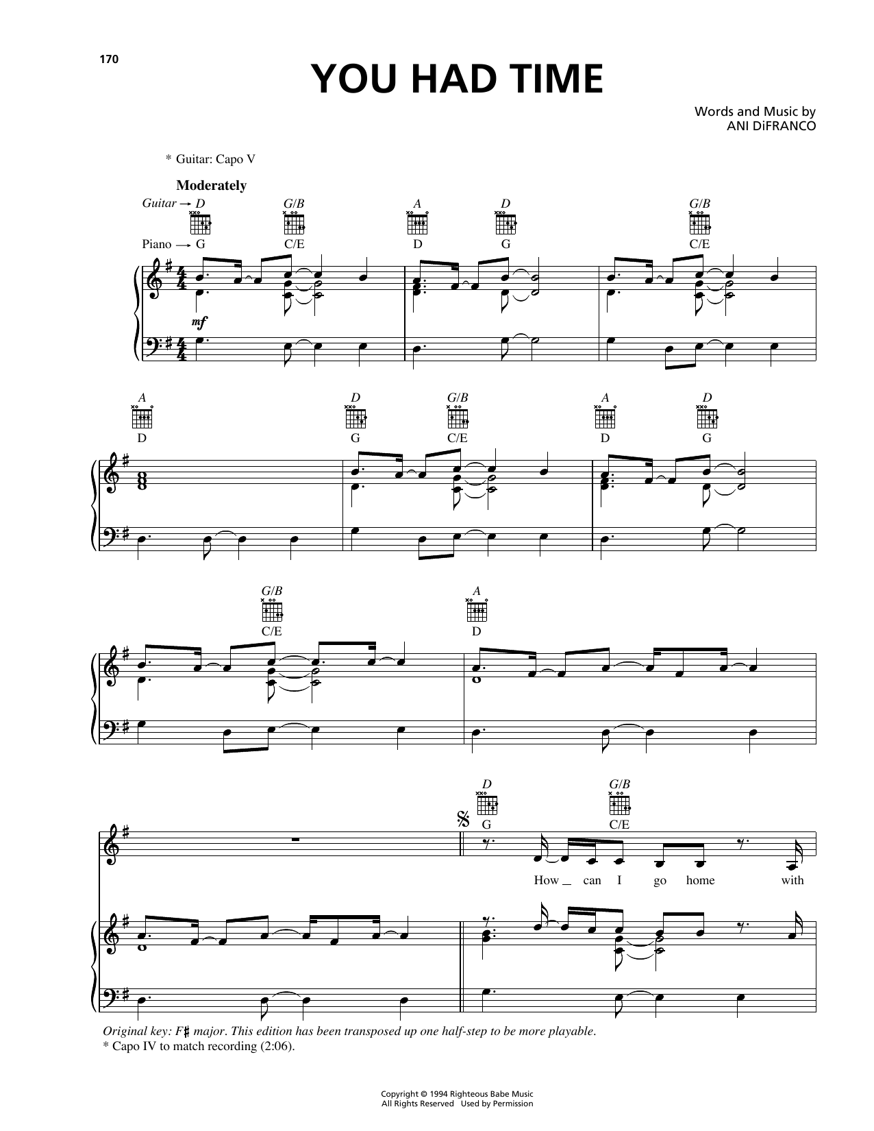 Download Ani DiFranco You Had Time Sheet Music and learn how to play Piano, Vocal & Guitar (Right-Hand Melody) PDF digital score in minutes