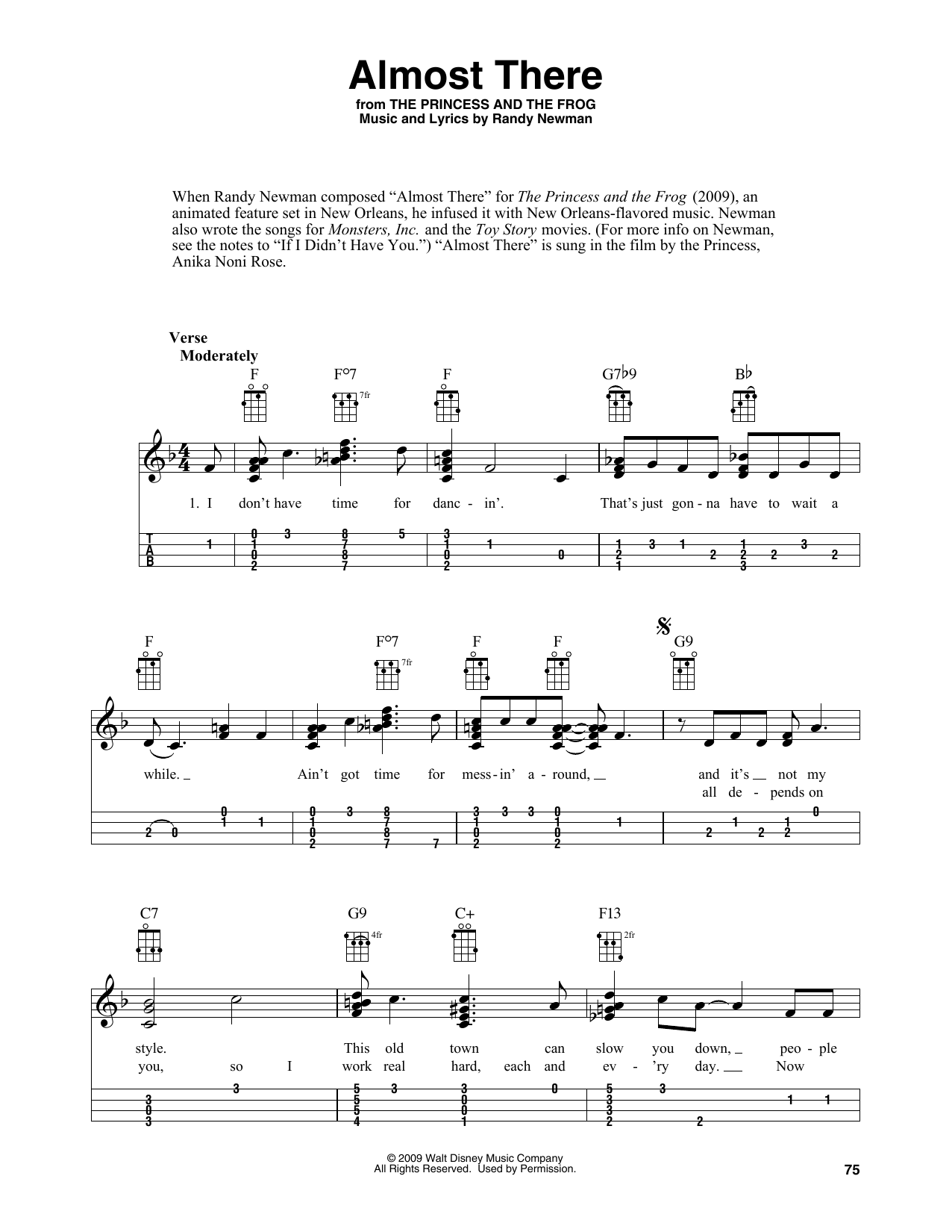 Download Anika Noni Rose Almost There (from The Princess and the Frog) (arr. Fred Sokolow) Sheet Music and learn how to play Easy Ukulele Tab PDF digital score in minutes