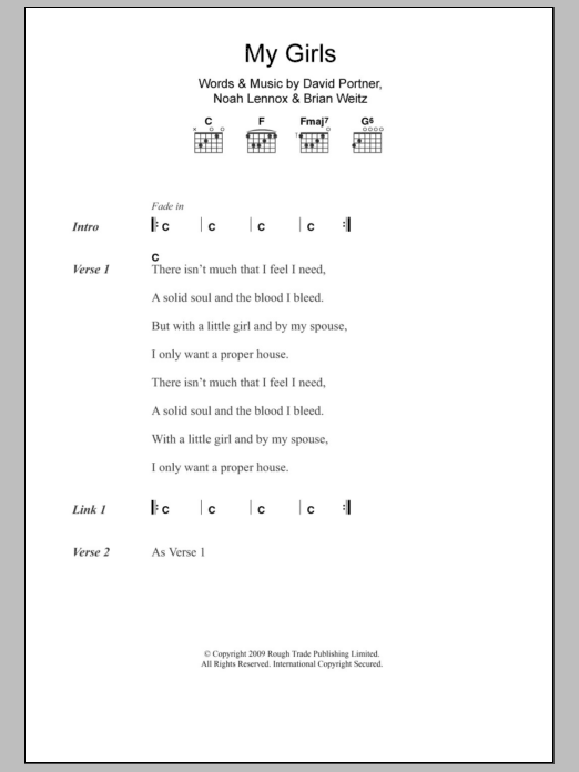 Download Animal Collective My Girls Sheet Music and learn how to play Lyrics & Chords PDF digital score in minutes