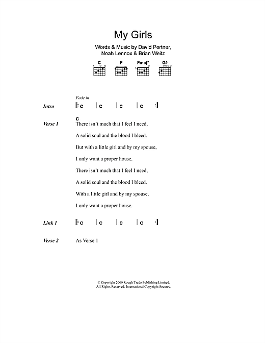 Download Animal Collective My Girls Sheet Music and learn how to play Lyrics & Chords PDF digital score in minutes