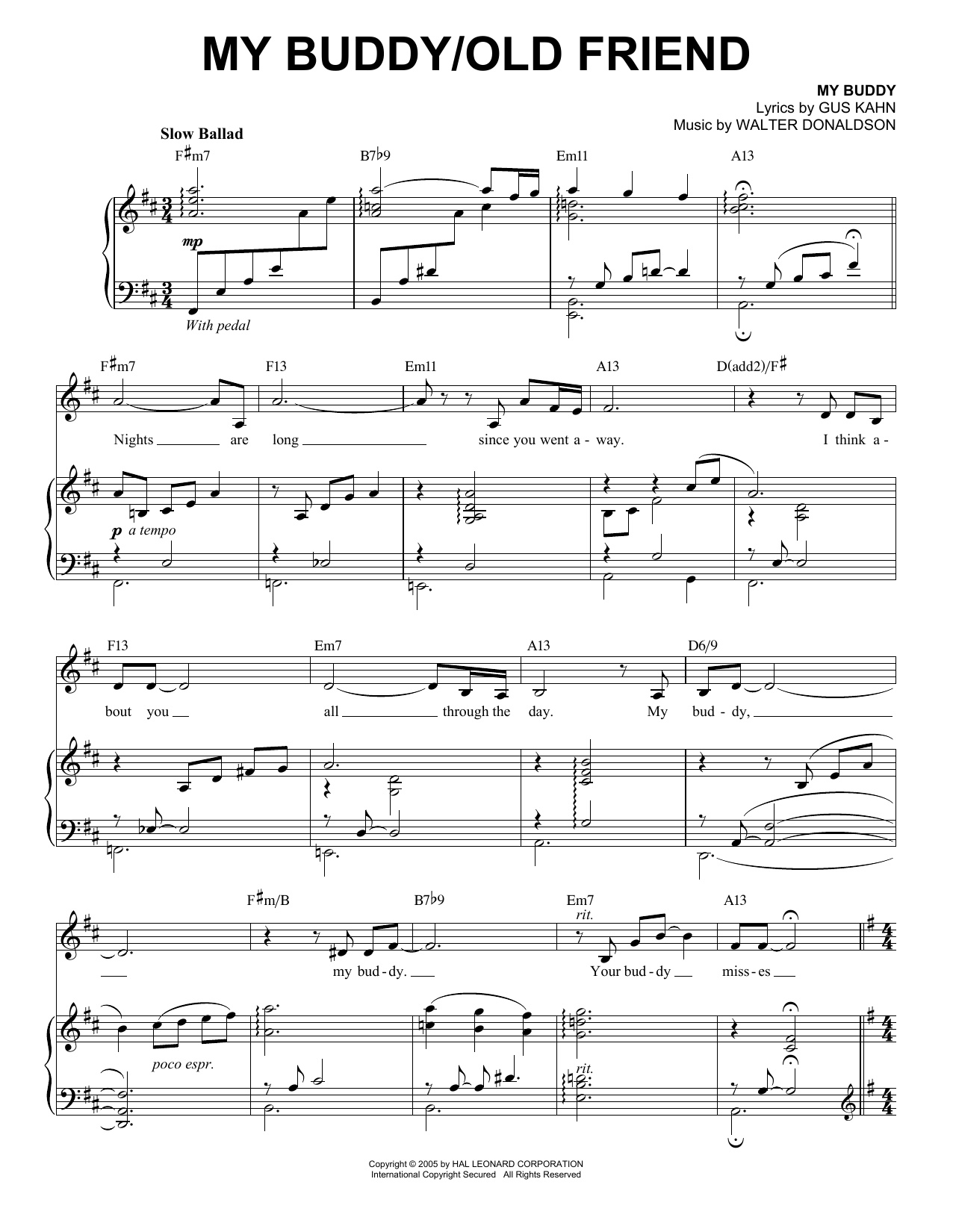 Download Ann Hampton Callaway My Buddy / Old Friend Sheet Music and learn how to play Piano & Vocal PDF digital score in minutes