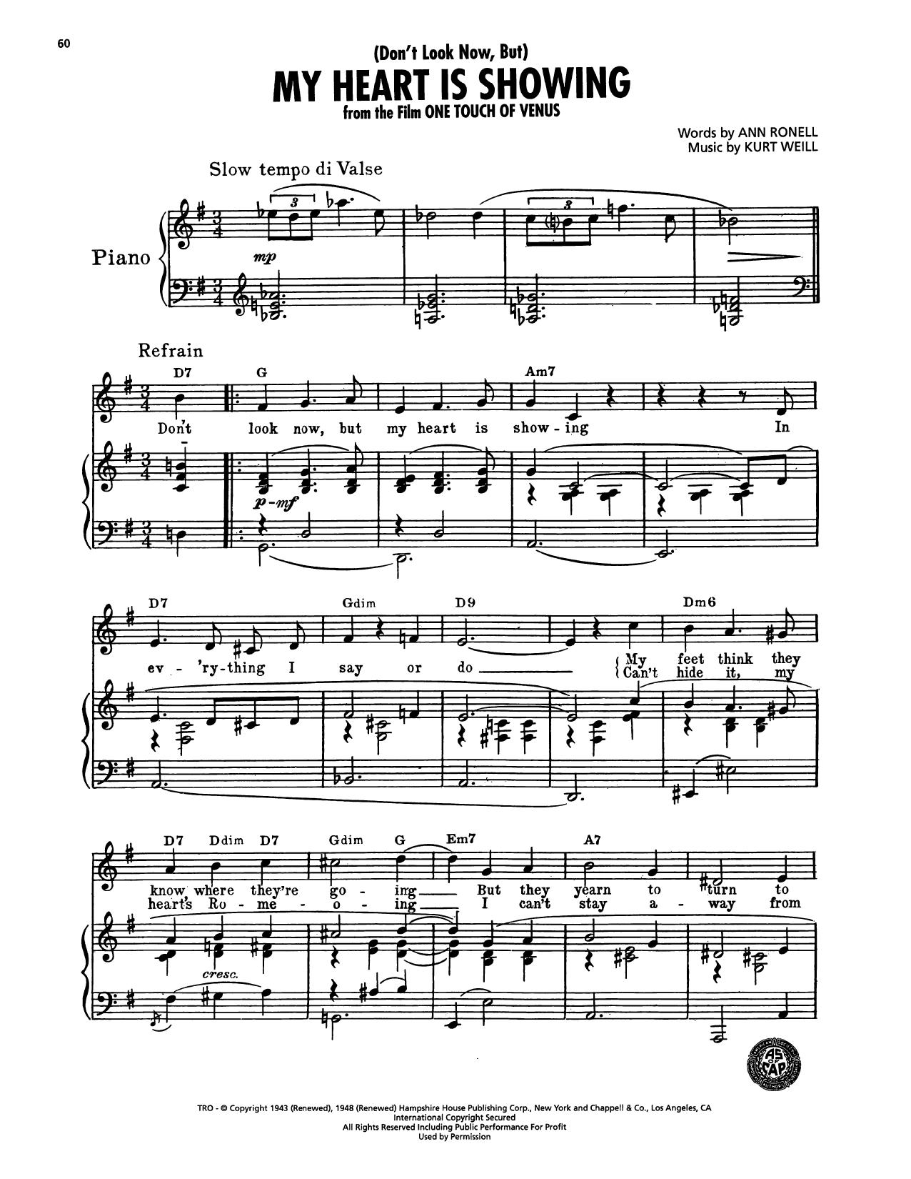 Download Ann Ronell (Don't Look Now, But) My Heart Is Showing (from One Touch Of Venus) Sheet Music and learn how to play Piano, Vocal & Guitar Chords (Right-Hand Melody) PDF digital score in minutes