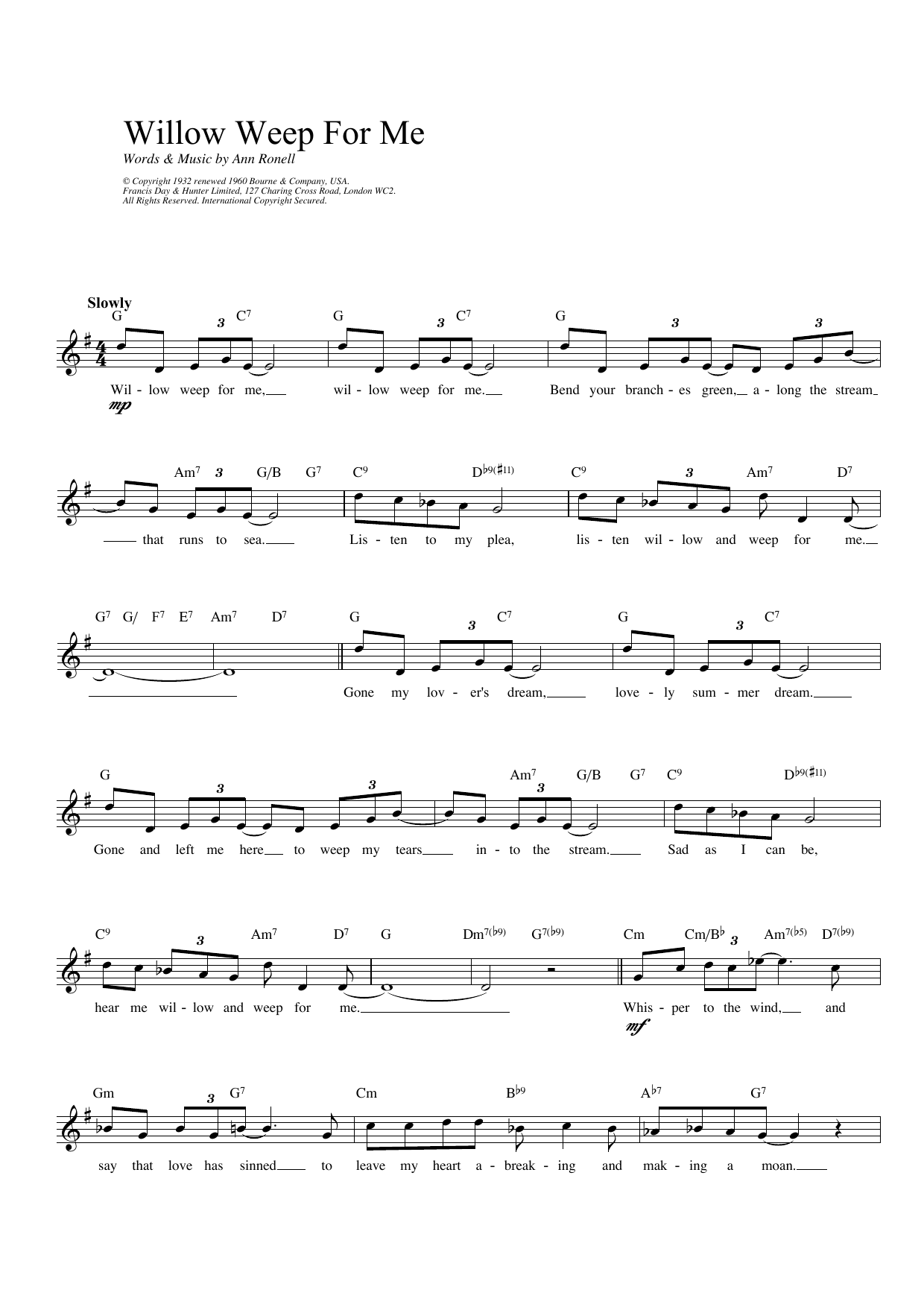 Download Ann Ronell Willow Weep For Me Sheet Music and learn how to play Melody Line, Lyrics & Chords PDF digital score in minutes