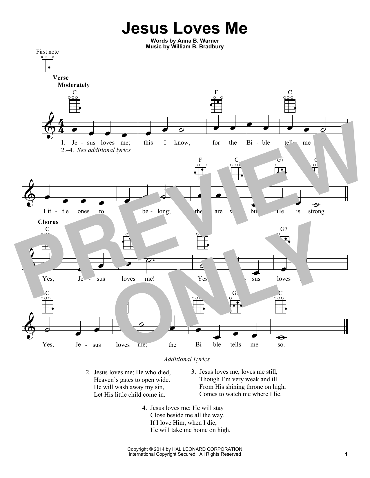 Download Anna B. Warner and William B. Bradbury Jesus Loves Me Sheet Music and learn how to play Ukulele PDF digital score in minutes