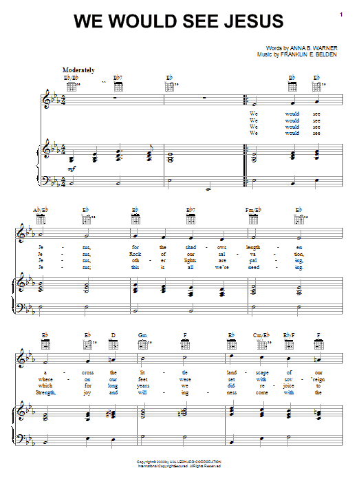 Download Anna B. Warner We Would See Jesus Sheet Music and learn how to play Piano, Vocal & Guitar (Right-Hand Melody) PDF digital score in minutes