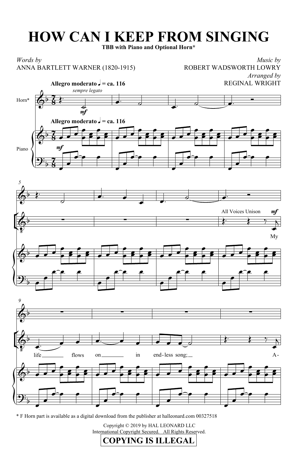 Download Anna Bartlett Warner and Robert Wadsworth Lowry How Can I Keep From Singing (arr. Reginal Wright) Sheet Music and learn how to play TBB Choir PDF digital score in minutes