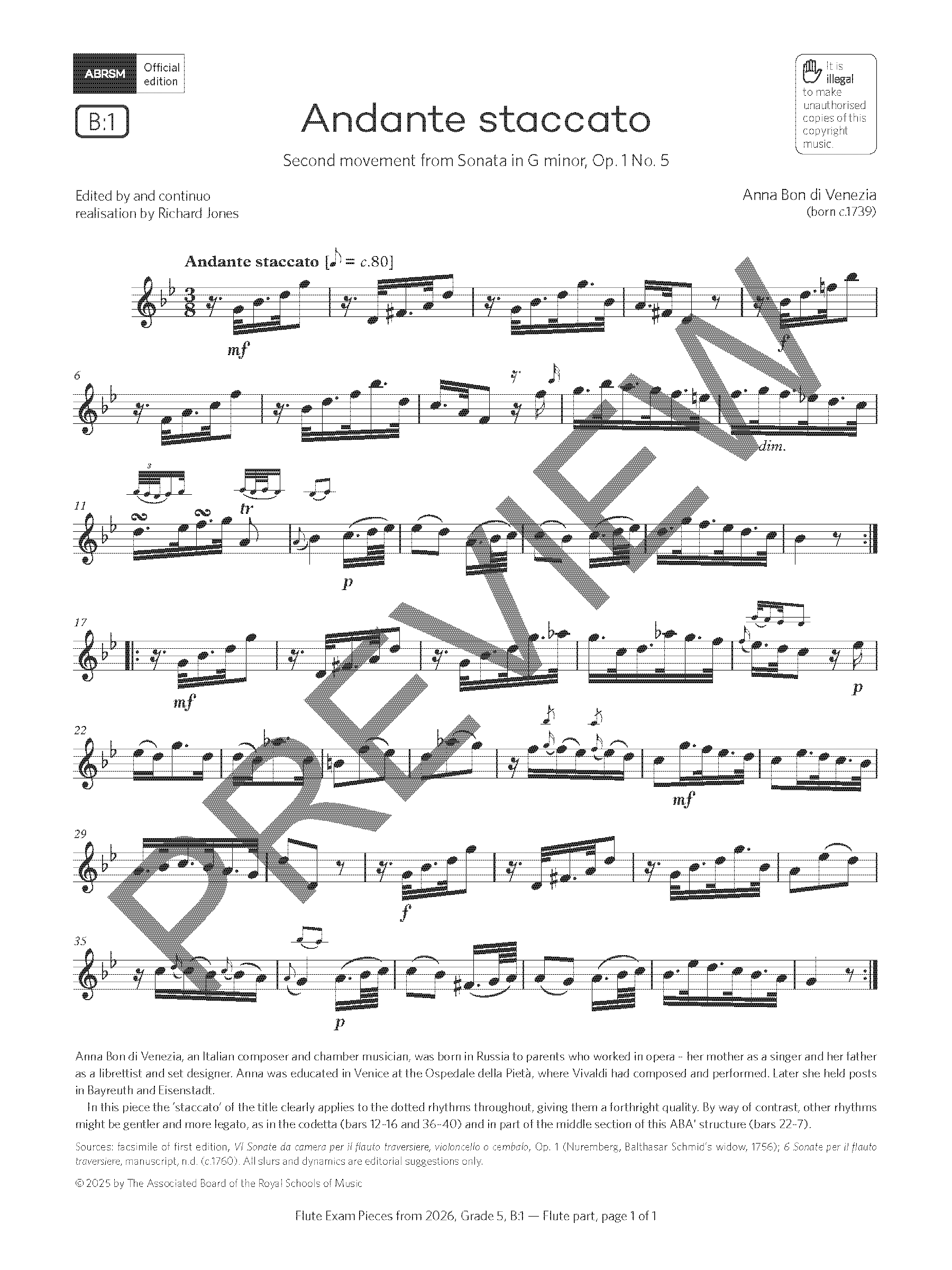Download Anna Bon di Venezia Andante staccato (Grade 5, list B1, from the ABRSM Flute Syllabus from 2026) Sheet Music and learn how to play Flute Solo PDF digital score in minutes