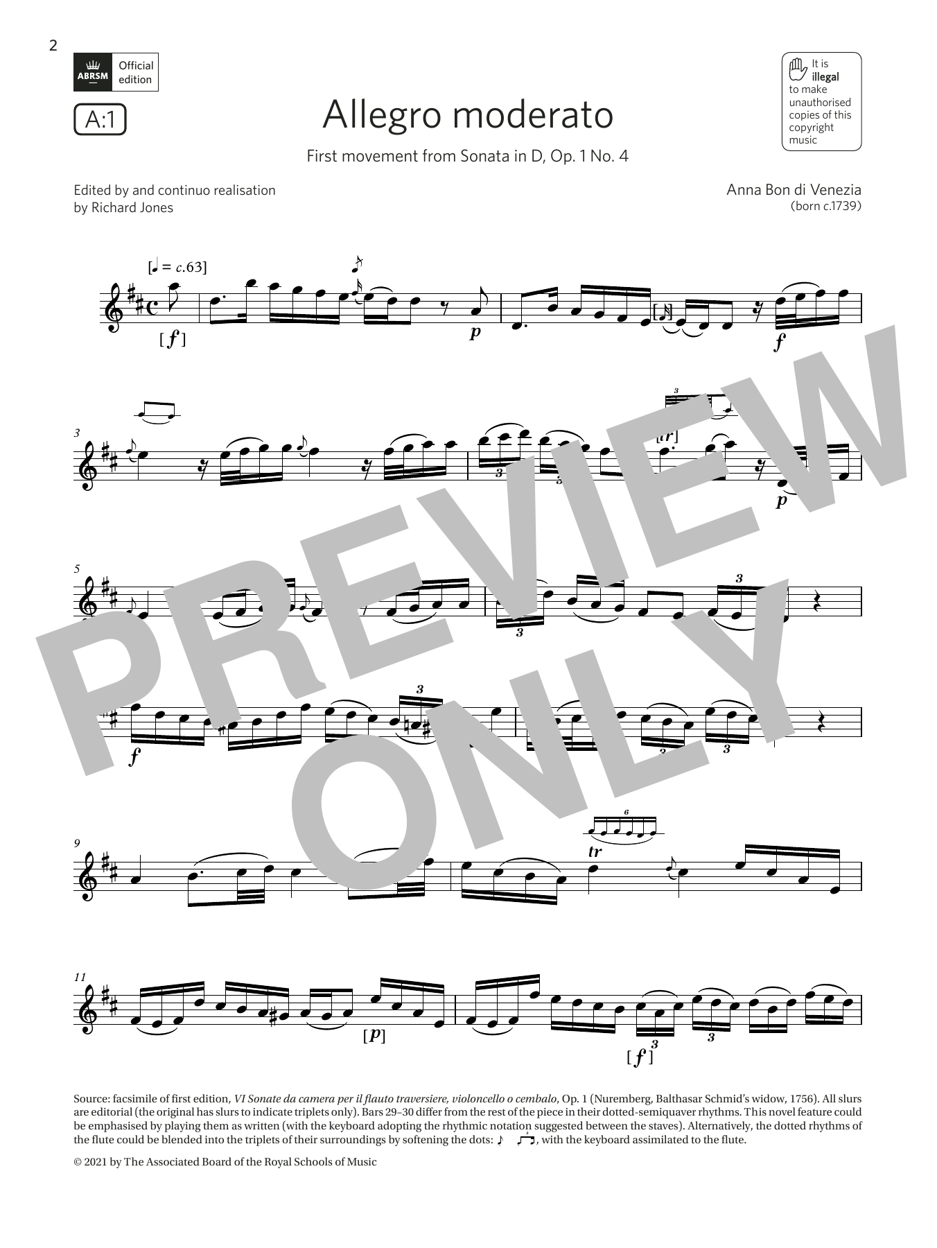 Download Anna Bon di Venezia Allegro moderato (from Sonata in D) (Grade 7 List A1 from the ABRSM Flute syllab Sheet Music and learn how to play Flute Solo PDF digital score in minutes