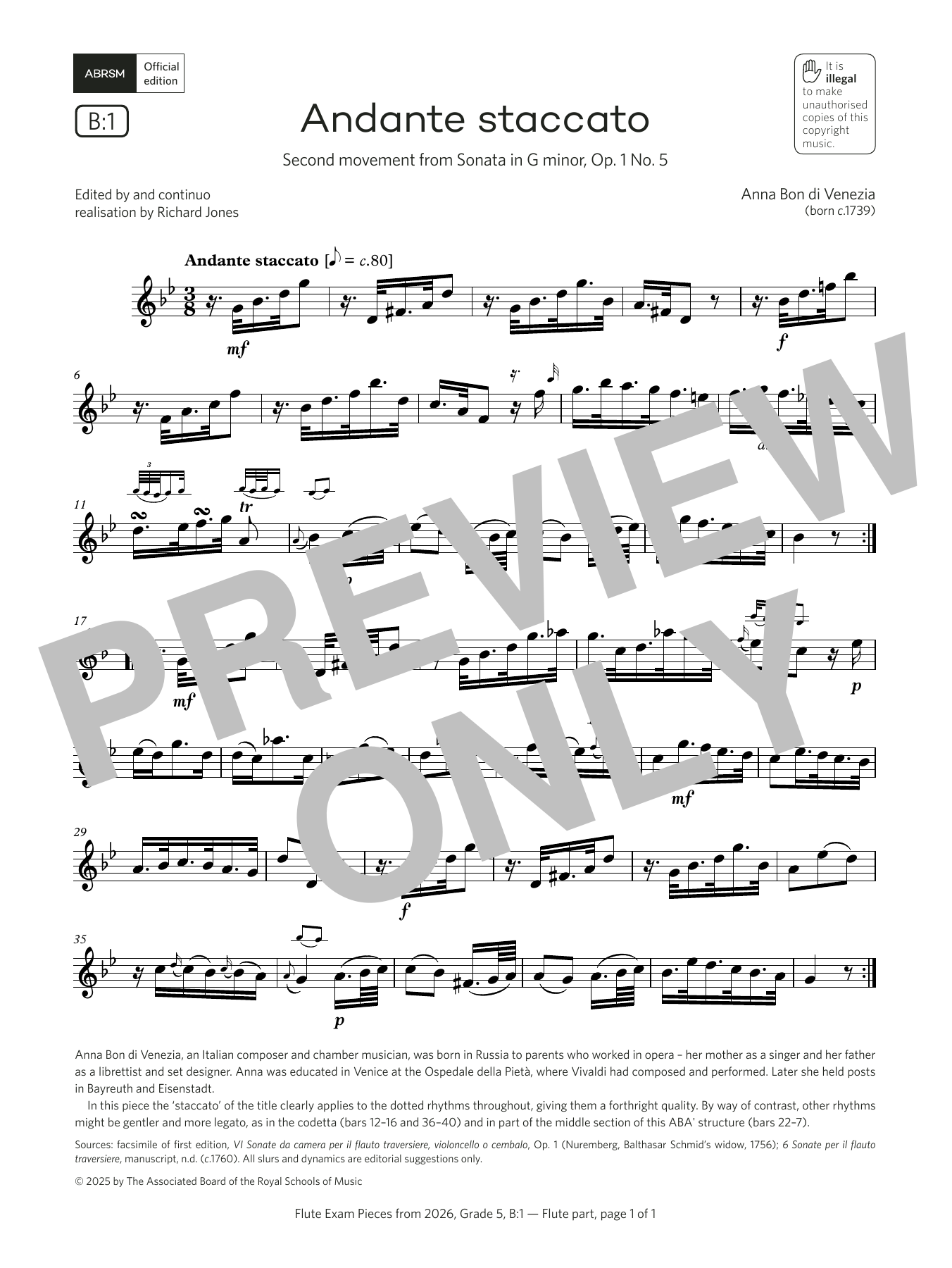 Download Anna Bon di Venezia Andante staccato (Grade 5, list B1, from the ABRSM Flute Syllabus from 2026) Sheet Music and learn how to play Flute Solo PDF digital score in minutes