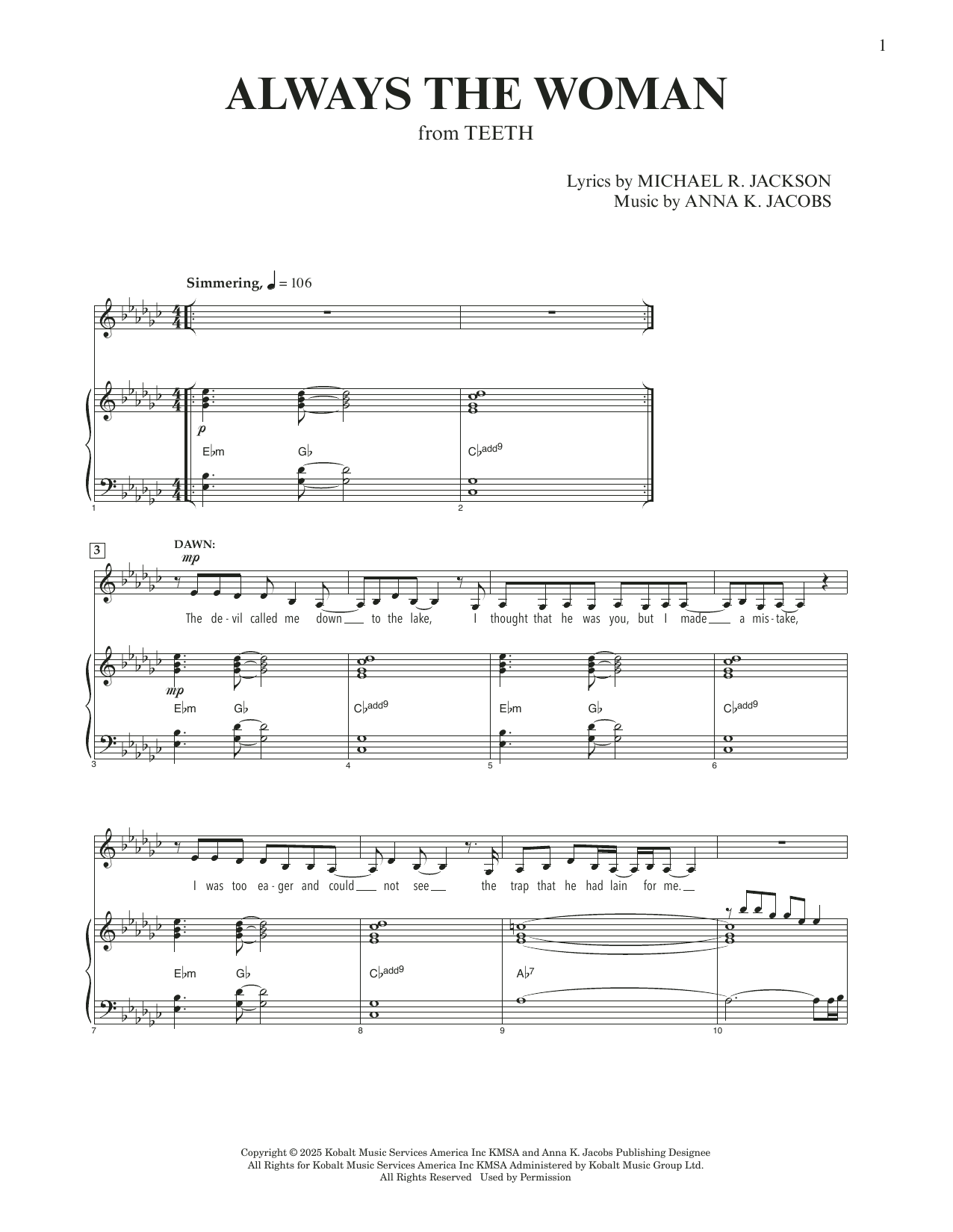 Download Anna K. Jacobs and Michael R. Jackson Always The Woman (from Teeth) (E-flat Minor) Sheet Music and learn how to play Piano & Vocal PDF digital score in minutes