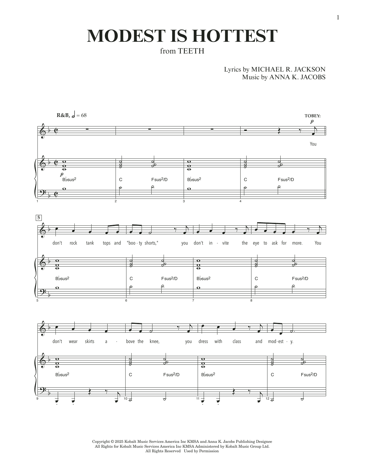 Download Anna K. Jacobs and Michael R. Jackson Modest Is Hottest (from Teeth) Sheet Music and learn how to play Piano & Vocal PDF digital score in minutes