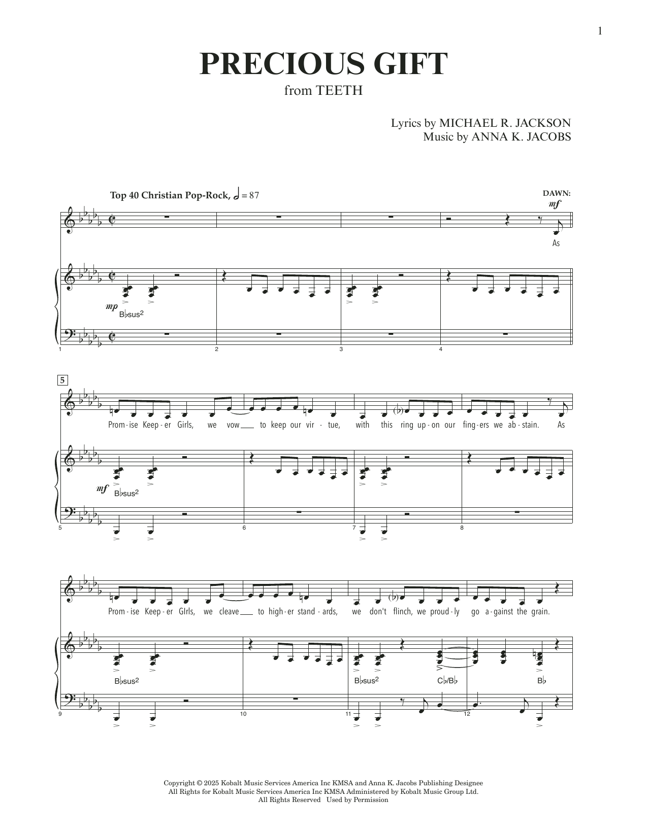 Download Anna K. Jacobs and Michael R. Jackson Precious Gift (from Teeth) Sheet Music and learn how to play Piano & Vocal PDF digital score in minutes