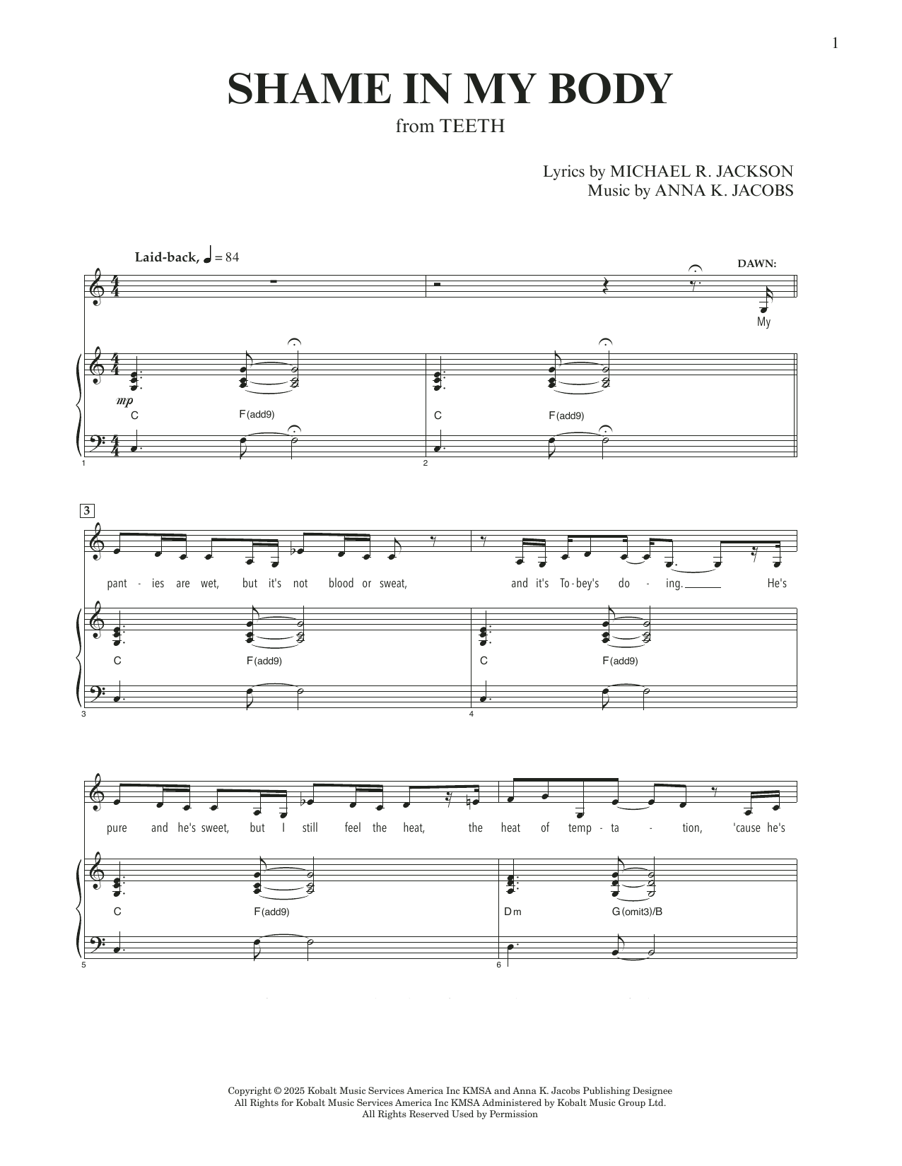 Download Anna K. Jacobs and Michael R. Jackson Shame In My Body (from Teeth) Sheet Music and learn how to play Piano & Vocal PDF digital score in minutes
