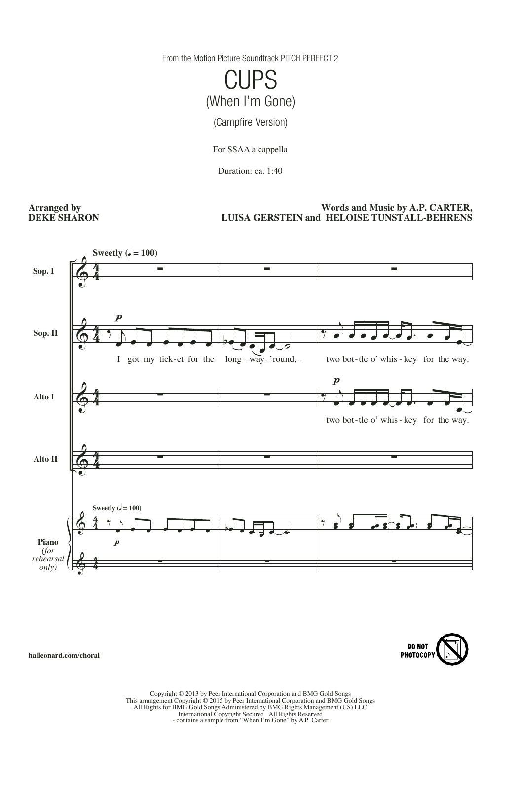 Download Anna Kendrick Cups (When I'm Gone) (arr. Deke Sharon) Sheet Music and learn how to play SSA PDF digital score in minutes