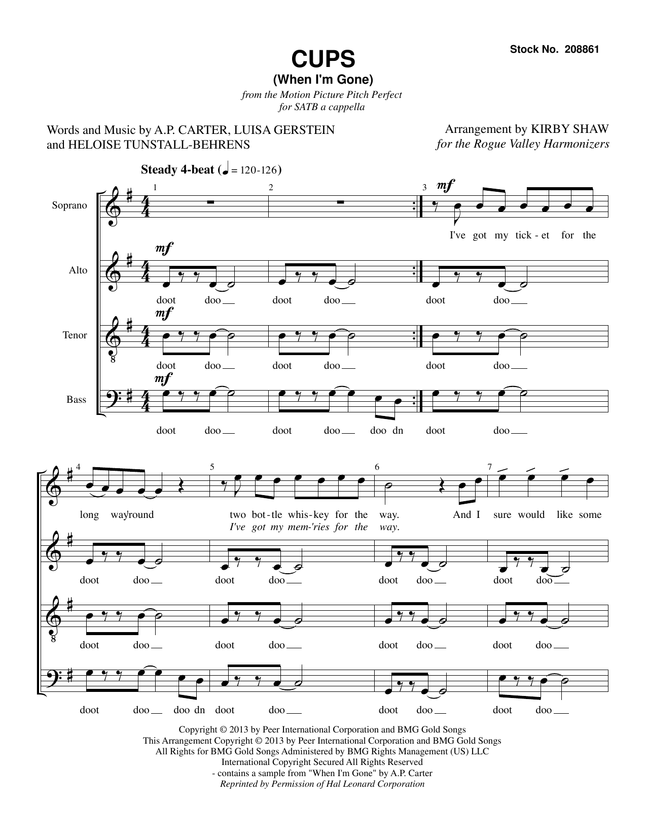 Download Anna Kendrick Cups (When I'm Gone) (from Pitch Perfect) (arr. Kirby Shaw) Sheet Music and learn how to play SATB Choir PDF digital score in minutes