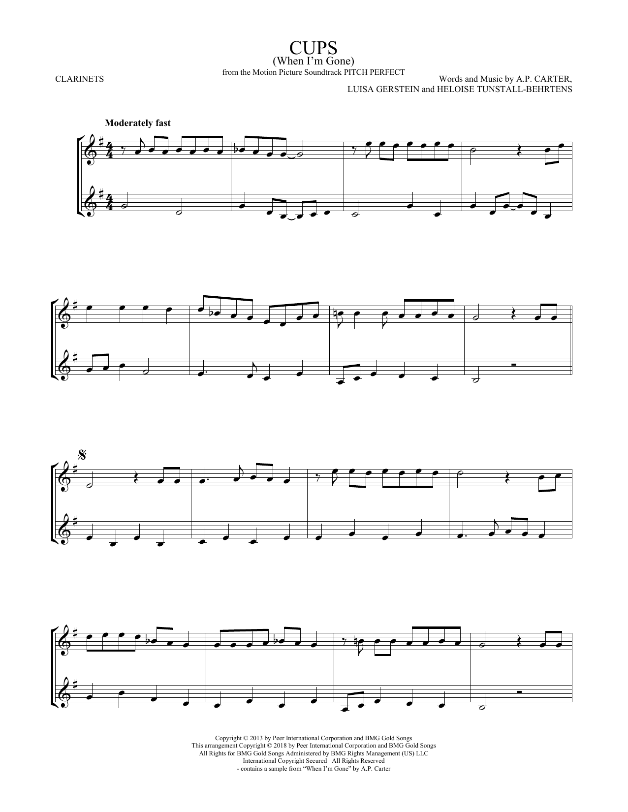 Download Anna Kendrick Cups (When I'm Gone) (from Pitch Perfect) Sheet Music and learn how to play Trumpet Duet PDF digital score in minutes