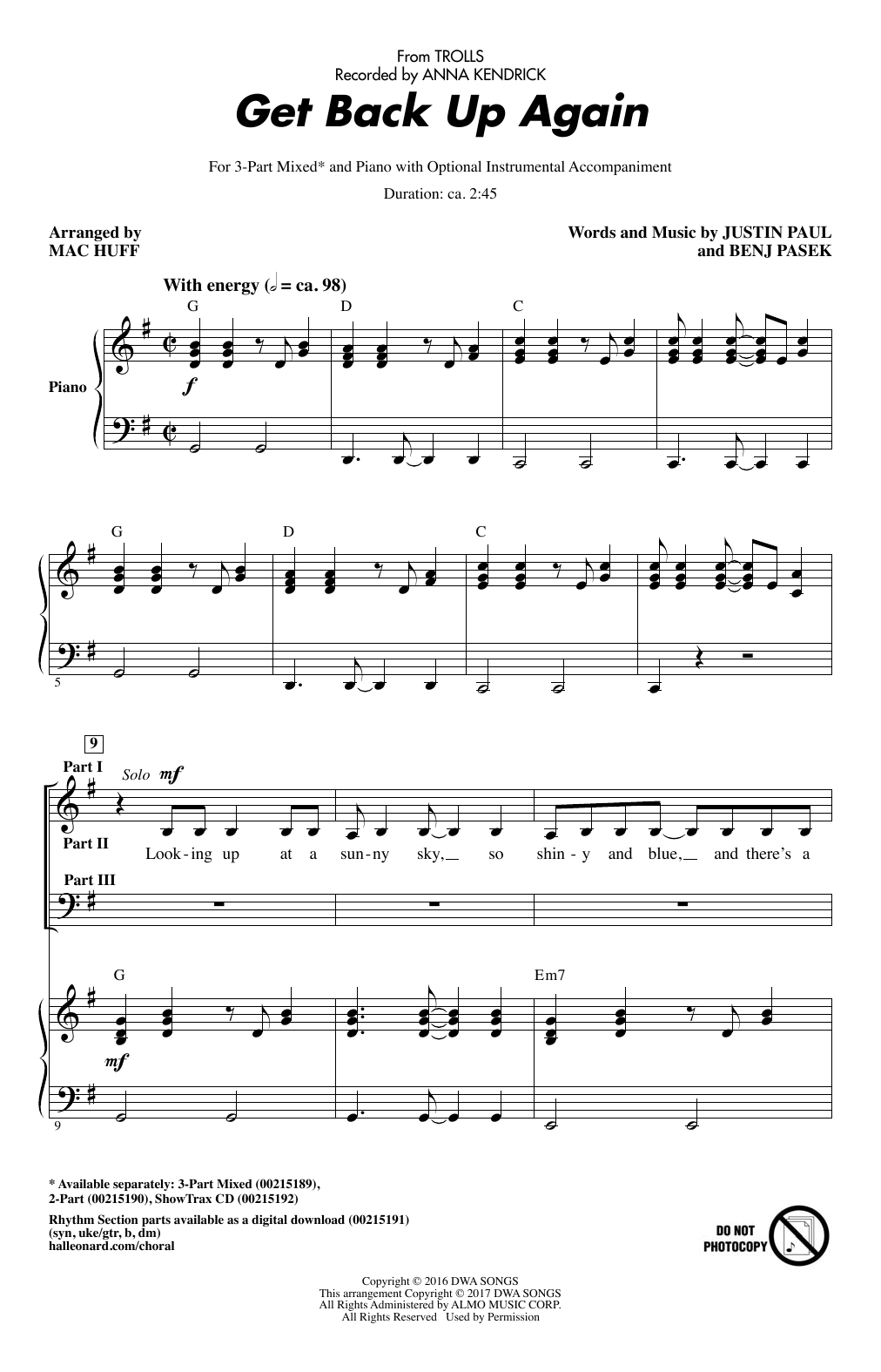 Download Mac Huff Get Back Up Again (from Trolls) Sheet Music and learn how to play 2-Part Choir PDF digital score in minutes